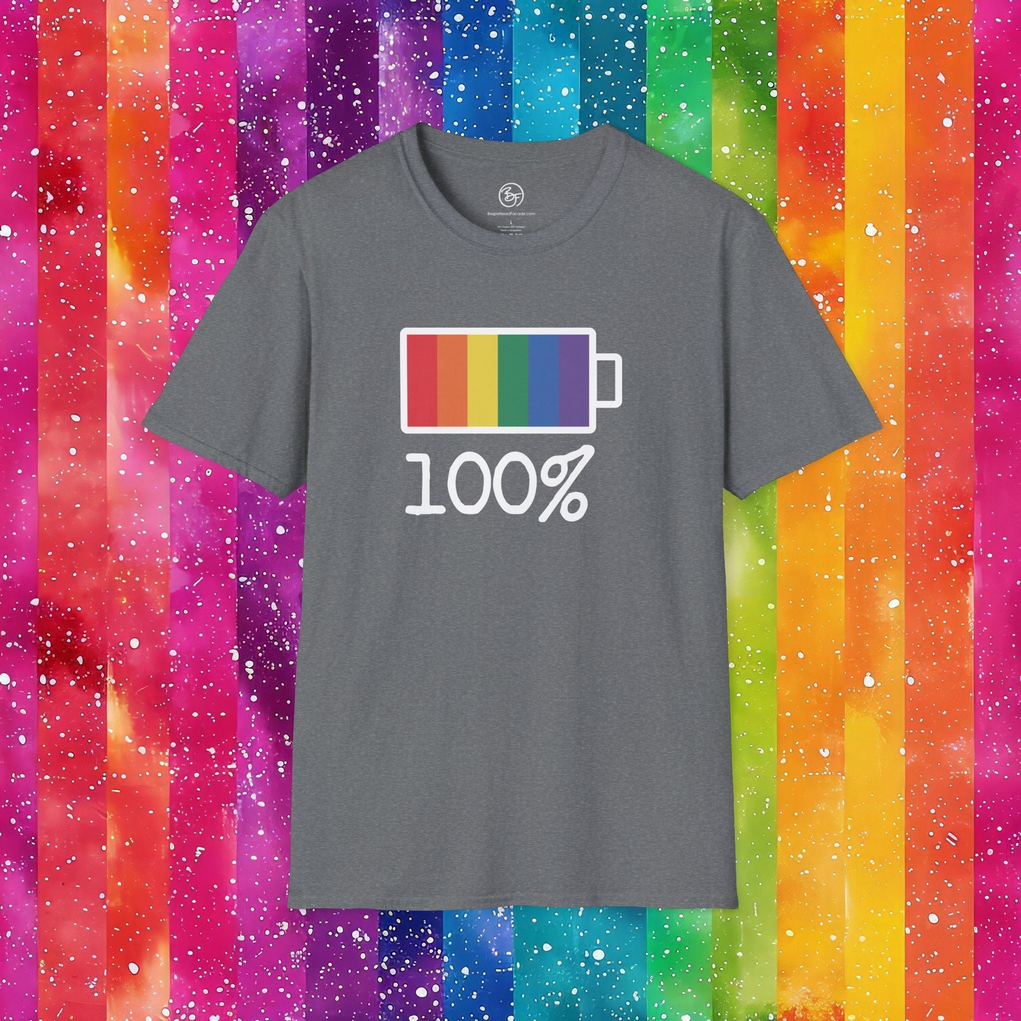 Bespattered Facade Rainbow Battery Unisex Softstyle T-Shirt T-Shirt La Vie Bien Bespattered Facade Rainbow Battery Unisex Softstyle T-Shirt