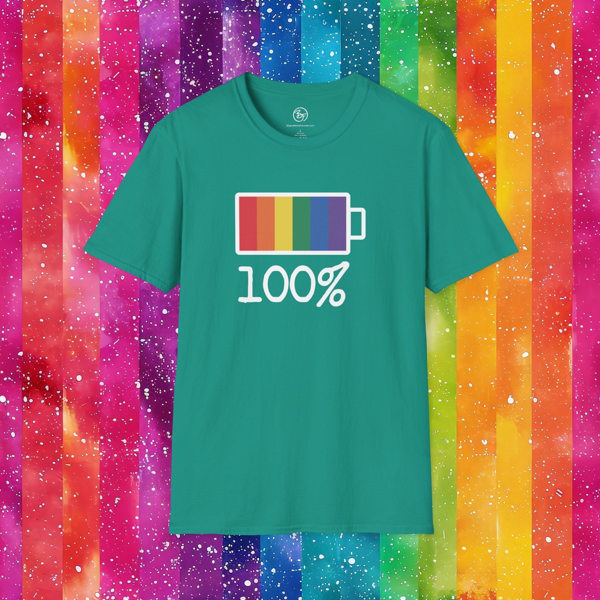 Bespattered Facade Rainbow Battery Unisex Softstyle T-Shirt T-Shirt La Vie Bien Bespattered Facade Rainbow Battery Unisex Softstyle T-Shirt