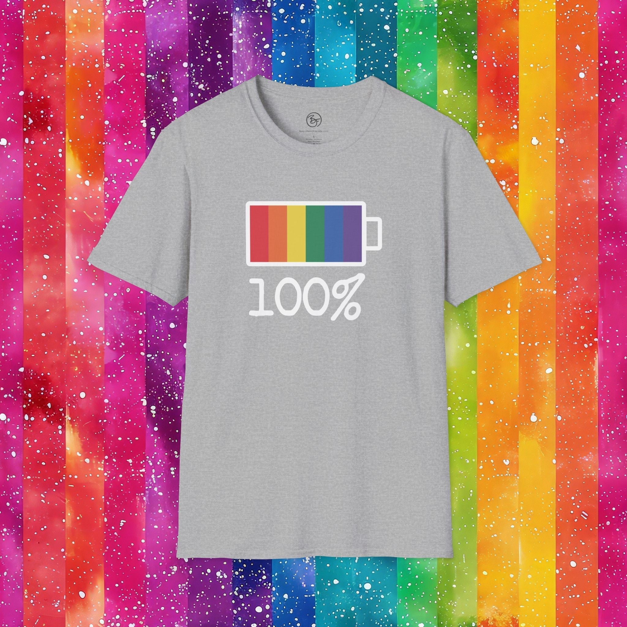 Bespattered Facade Rainbow Battery Unisex Softstyle T-Shirt T-Shirt La Vie Bien Bespattered Facade Rainbow Battery Unisex Softstyle T-Shirt