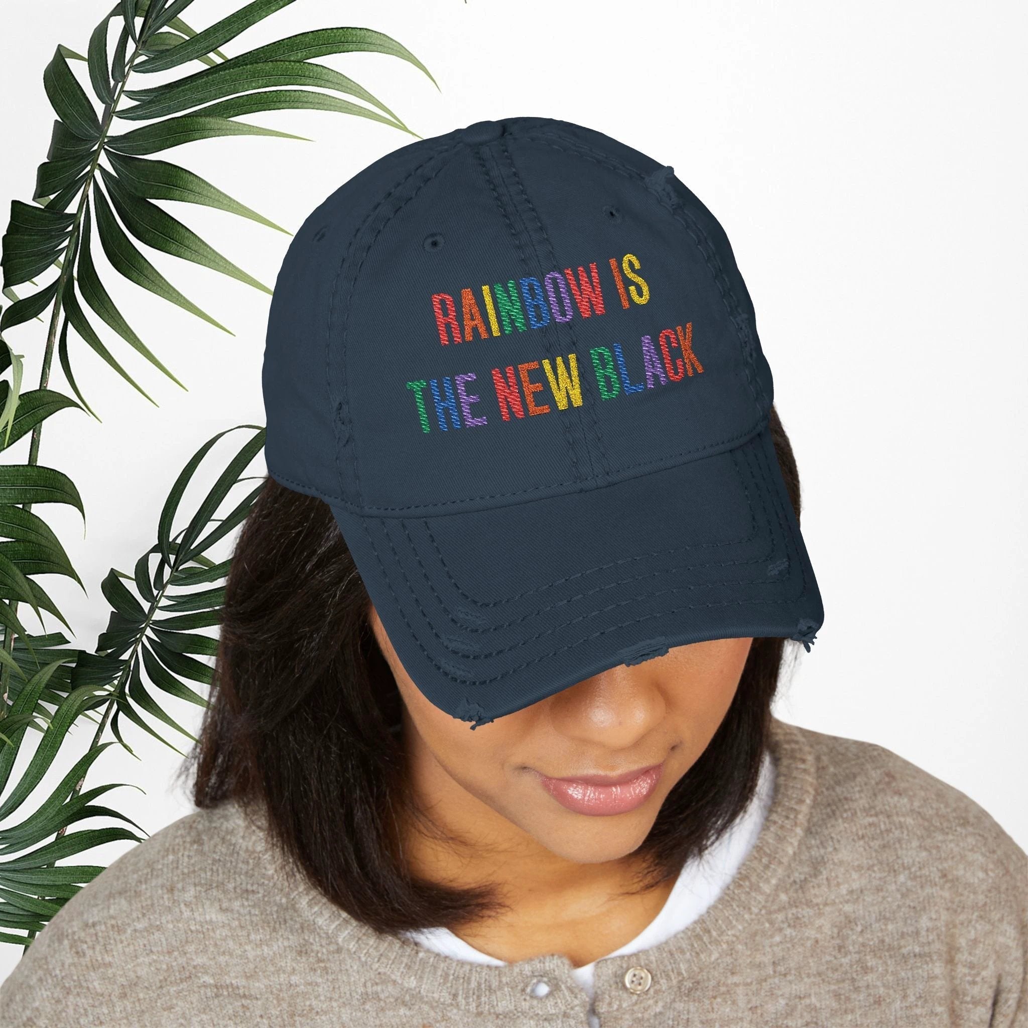 Bespattered Facade "Rainbow Is the New Black" Colorful Embroidered Distressed Dad Hat by Bespattered Facade