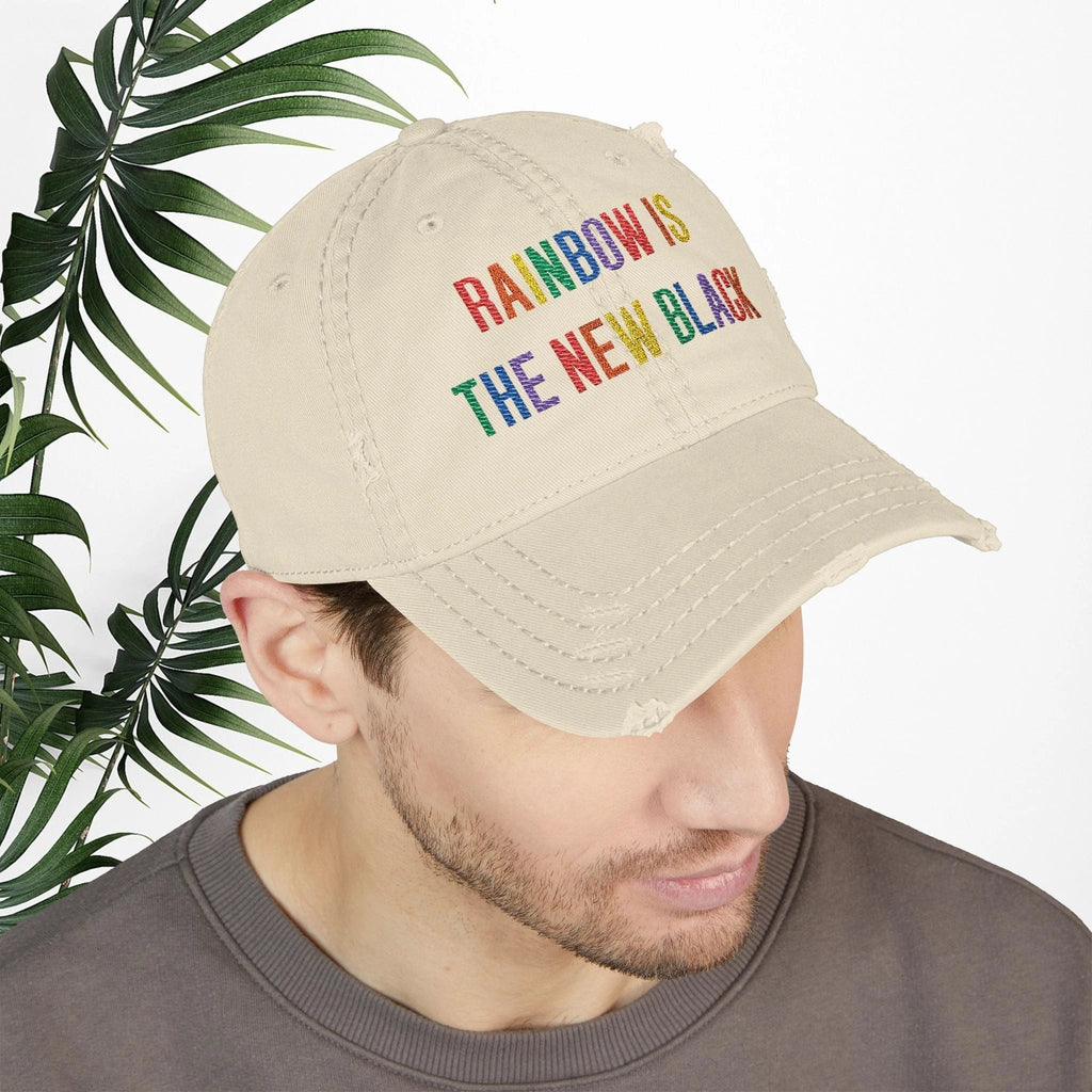 Bespattered Facade "Rainbow Is the New Black" Colorful Embroidered Distressed Dad Hat by Bespattered Facade