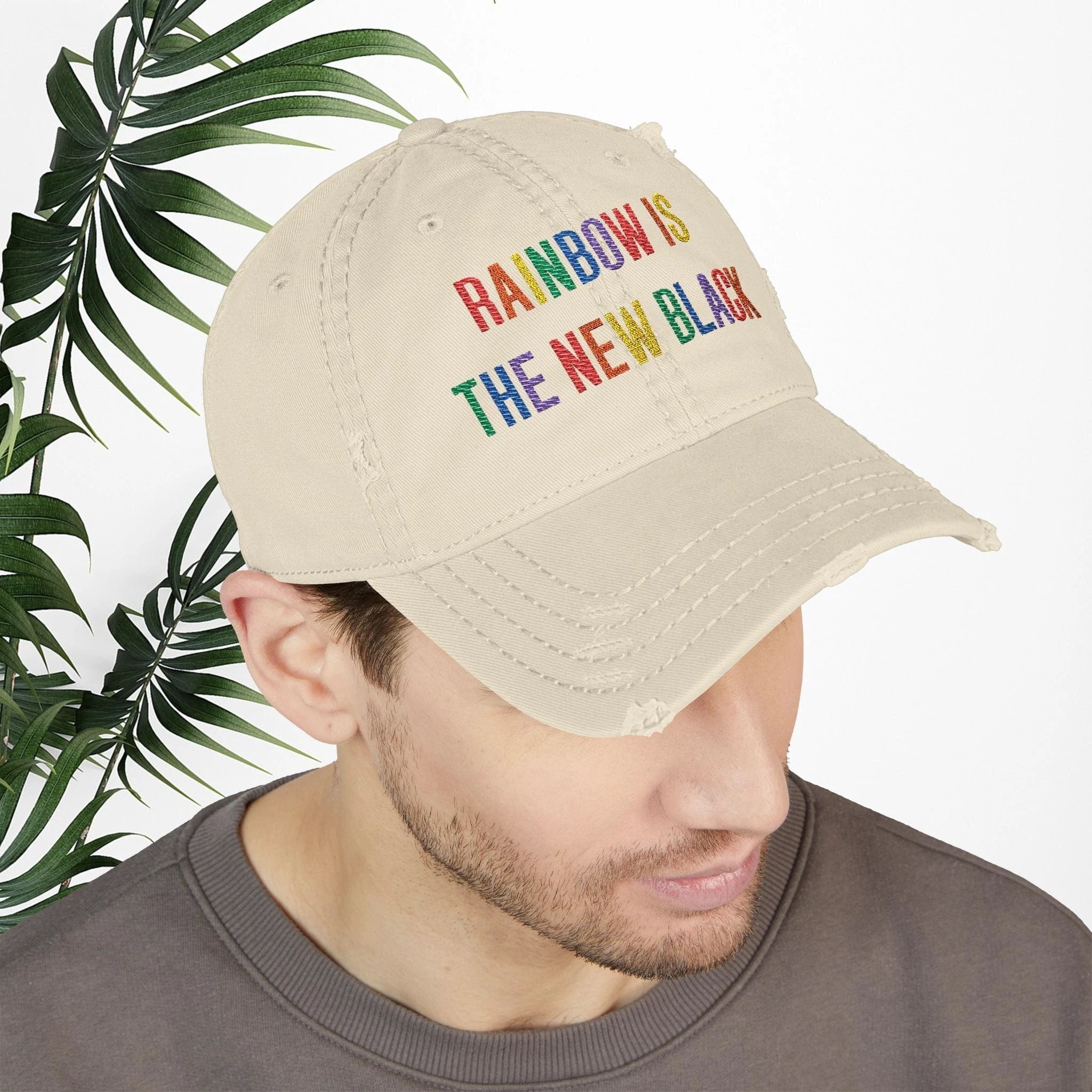 Bespattered Facade "Rainbow Is the New Black" Colorful Embroidered Distressed Dad Hat by Bespattered Facade