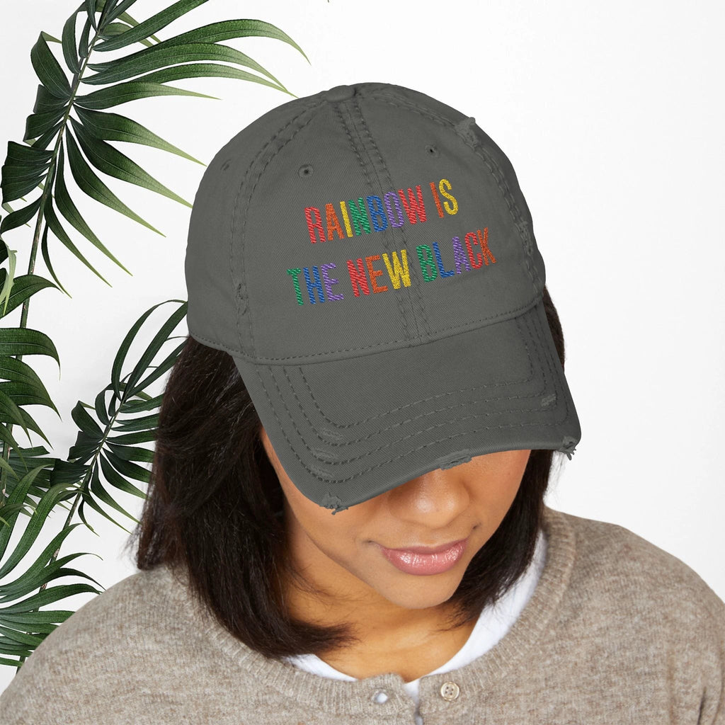 Bespattered Facade "Rainbow Is the New Black" Colorful Embroidered Distressed Dad Hat by Bespattered Facade