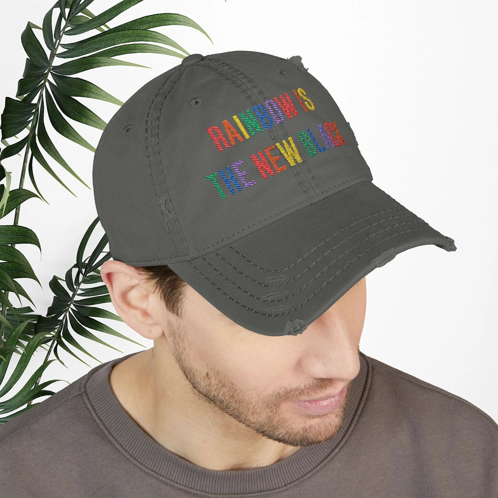 Bespattered Facade "Rainbow Is the New Black" Colorful Embroidered Distressed Dad Hat by Bespattered Facade