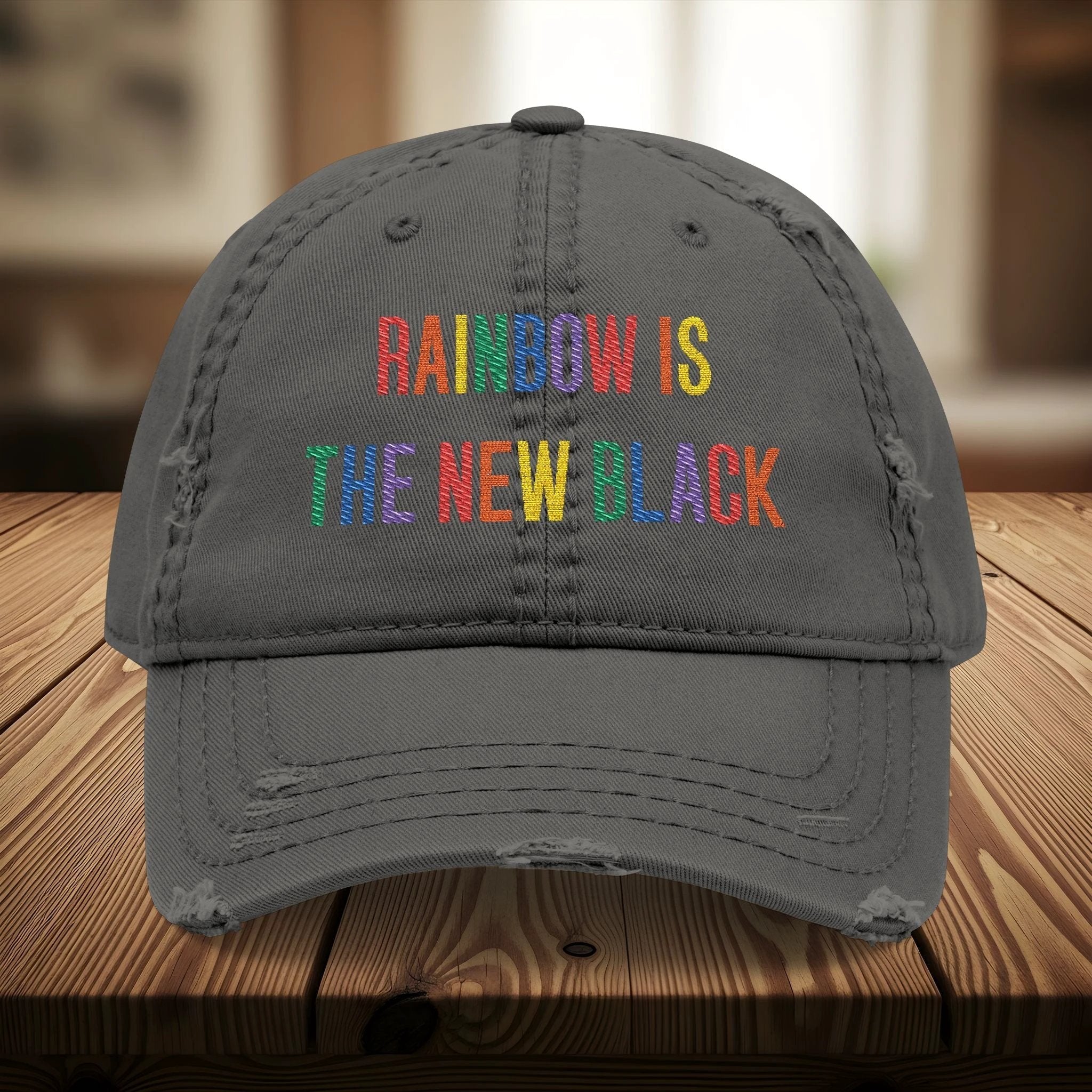 Bespattered Facade "Rainbow Is the New Black" Colorful Embroidered Distressed Dad Hat by Bespattered Facade