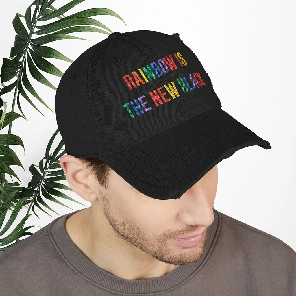 Bespattered Facade "Rainbow Is the New Black" Colorful Embroidered Distressed Dad Hat by Bespattered Facade