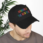 Bespattered Facade "Rainbow Is the New Black" Colorful Embroidered Distressed Dad Hat by Bespattered Facade