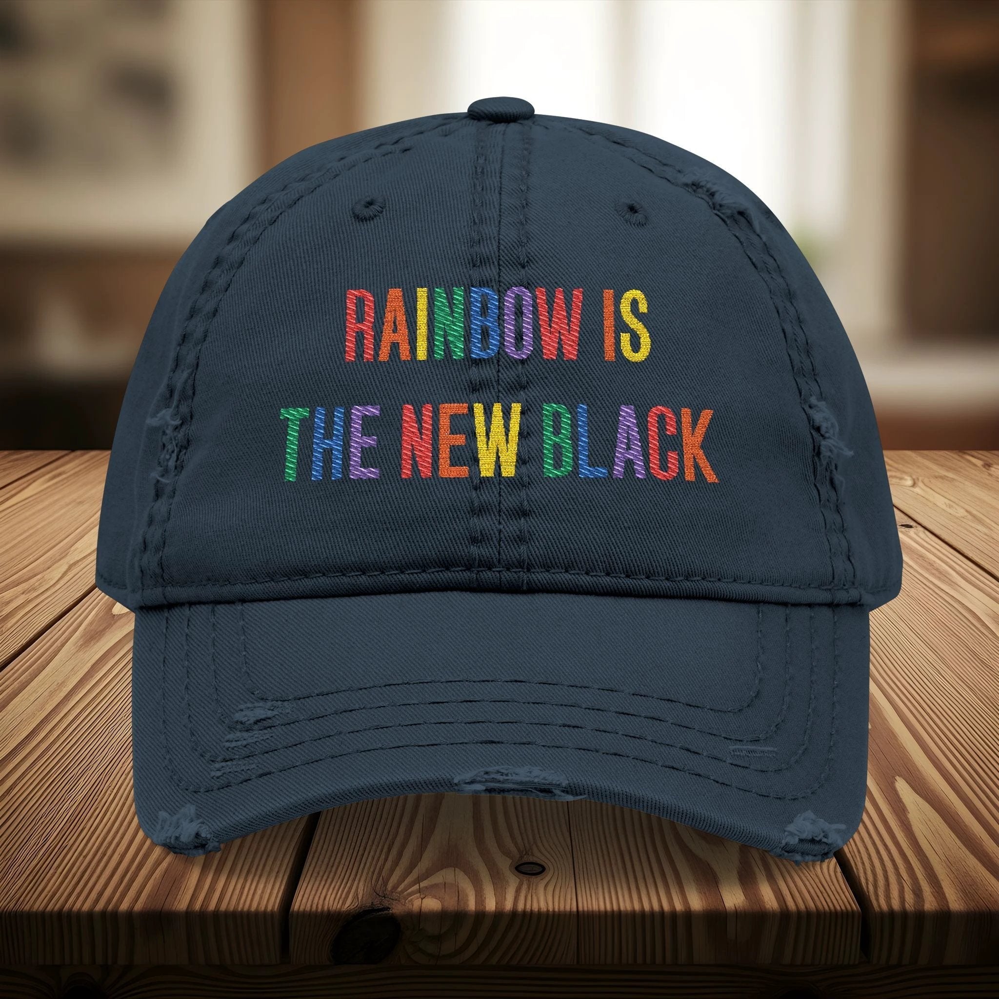 Bespattered Facade "Rainbow Is the New Black" Colorful Embroidered Distressed Dad Hat by Bespattered Facade