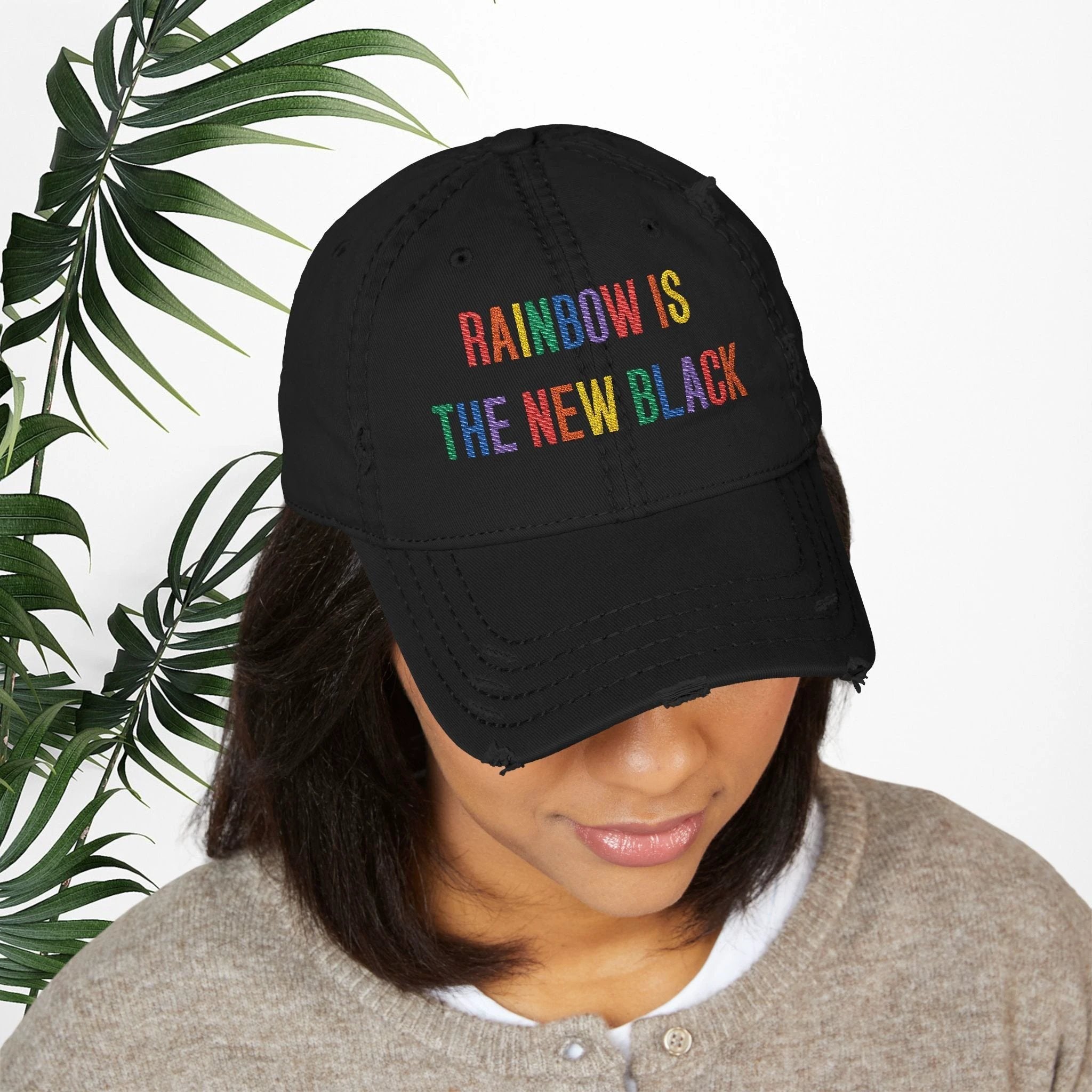 Bespattered Facade "Rainbow Is the New Black" Colorful Embroidered Distressed Dad Hat by Bespattered Facade