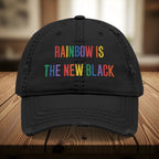 Bespattered Facade "Rainbow Is the New Black" Colorful Embroidered Distressed Dad Hat by Bespattered Facade