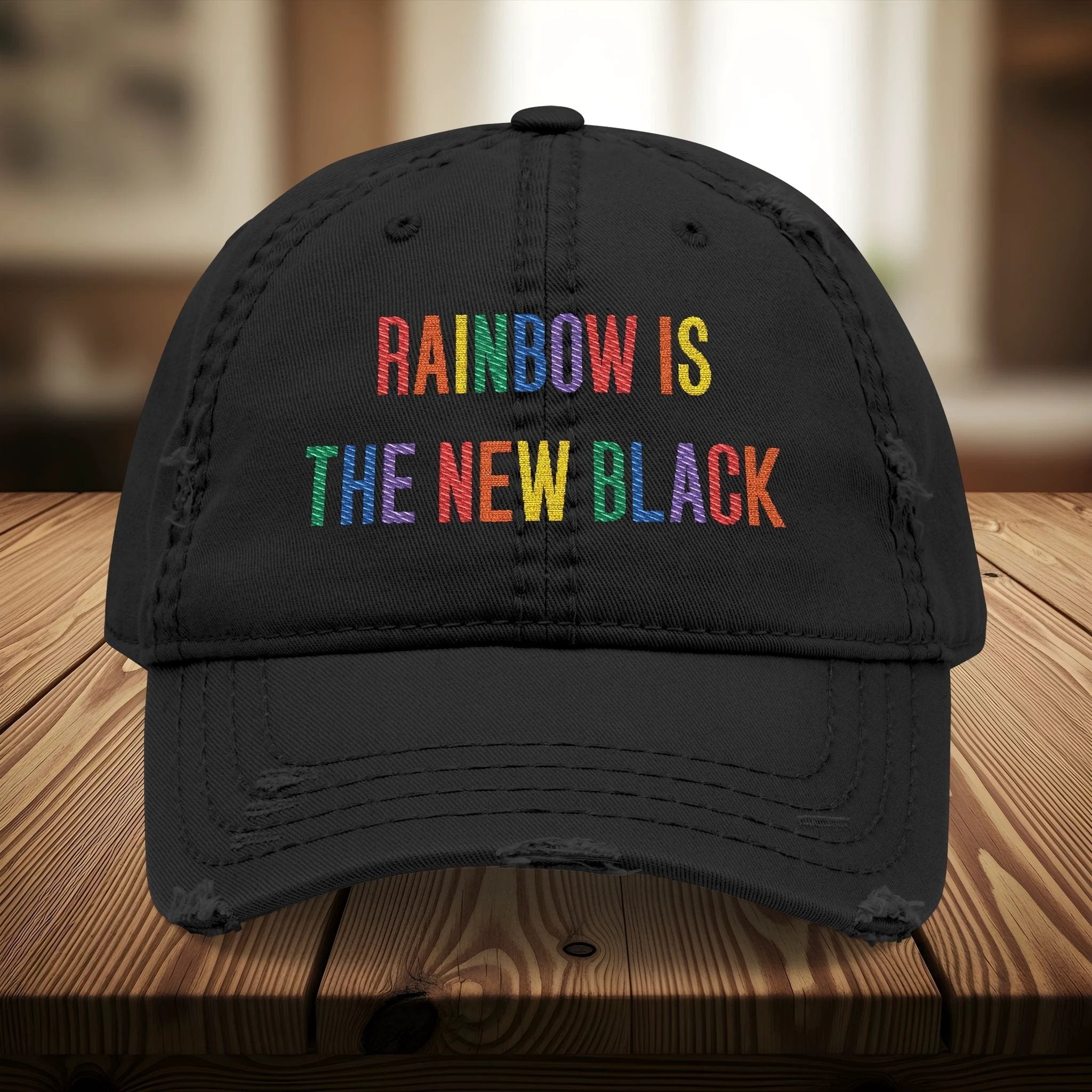 Bespattered Facade "Rainbow Is the New Black" Colorful Embroidered Distressed Dad Hat by Bespattered Facade