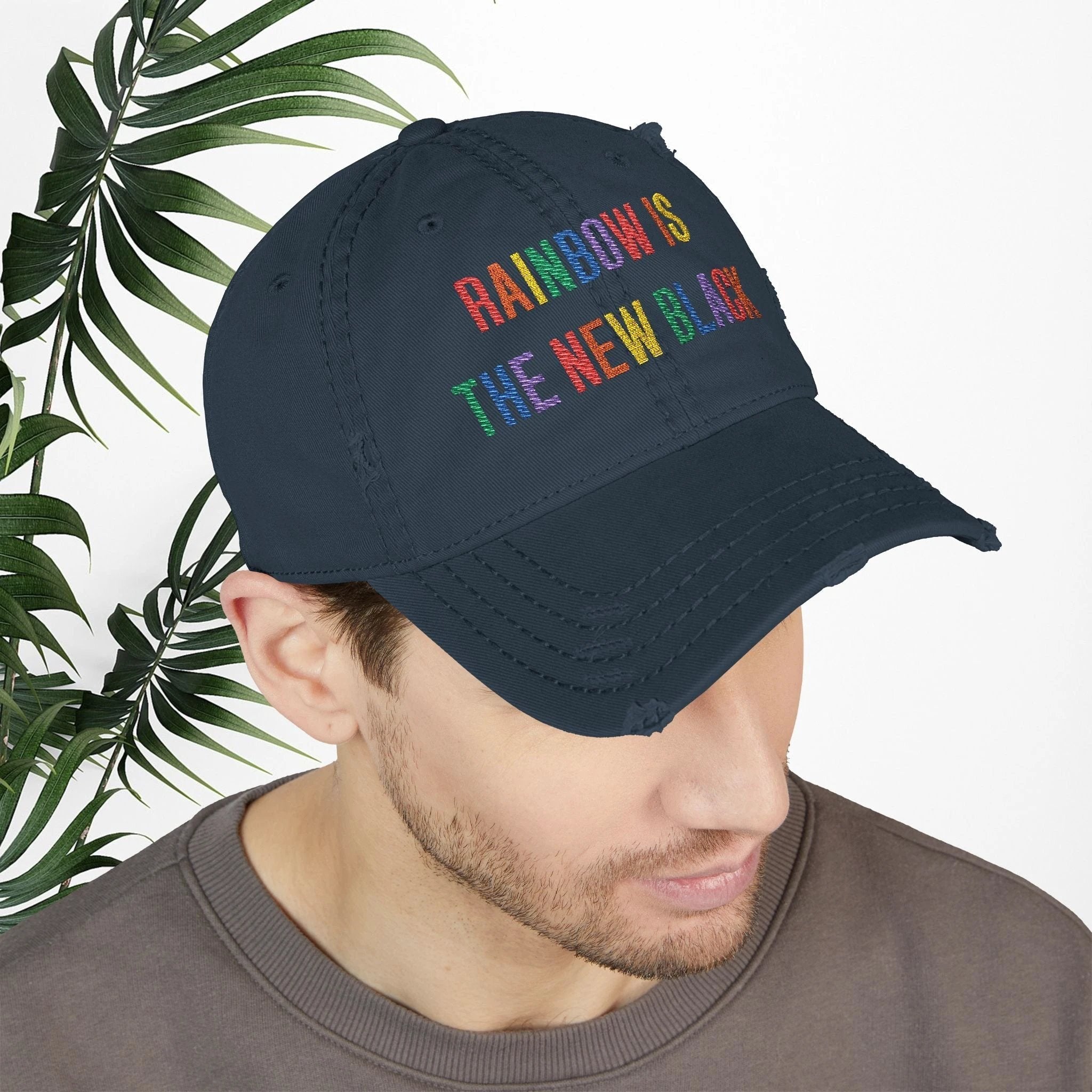 Bespattered Facade "Rainbow Is the New Black" Colorful Embroidered Distressed Dad Hat by Bespattered Facade