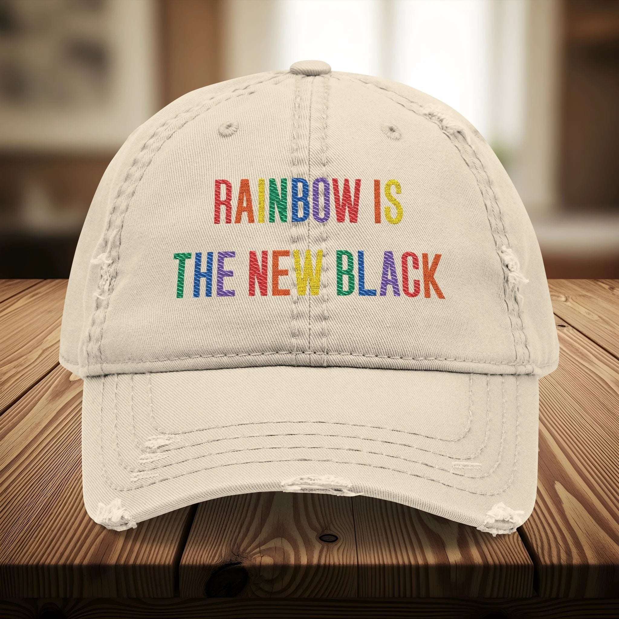 Bespattered Facade "Rainbow Is the New Black" Colorful Embroidered Distressed Dad Hat by Bespattered Facade