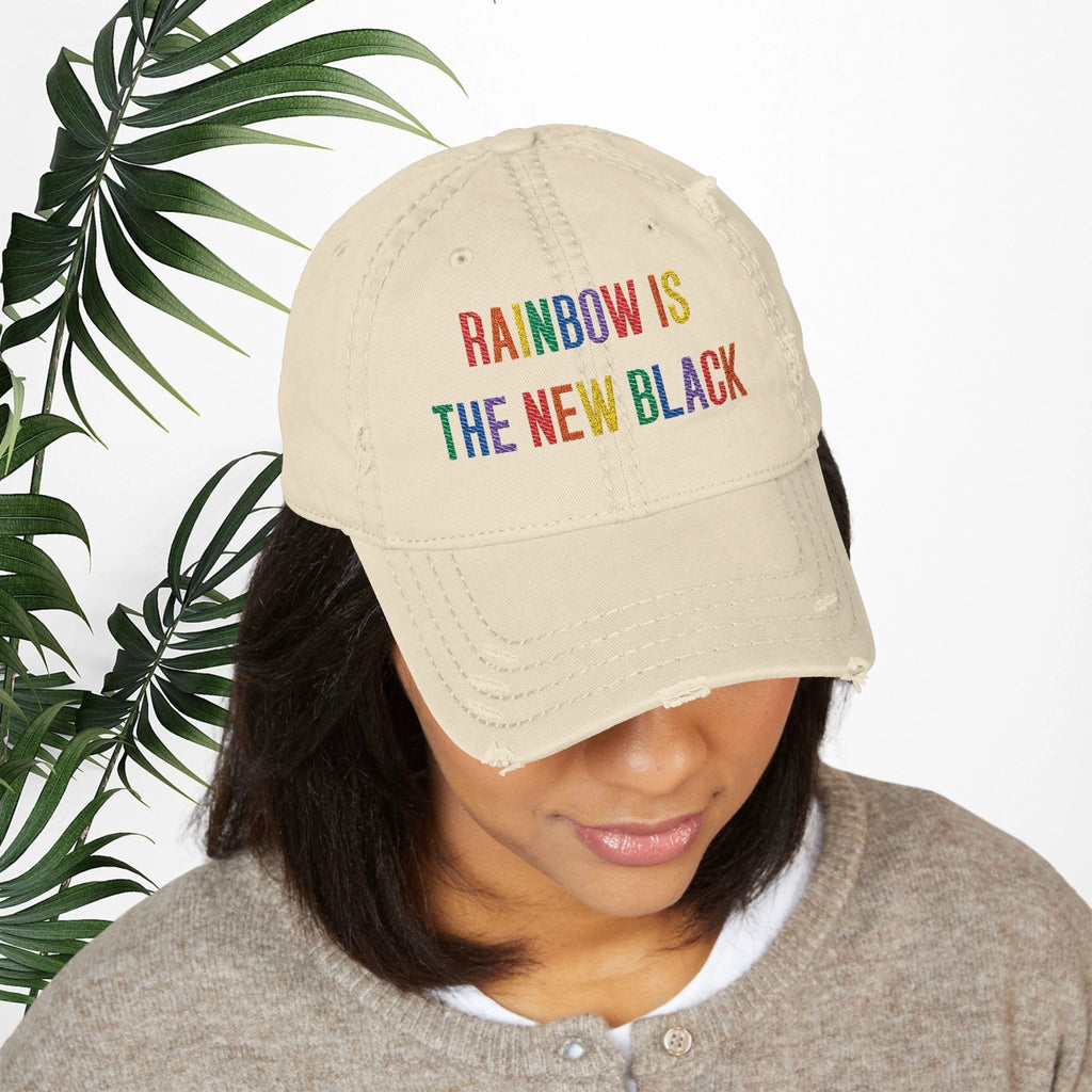 Bespattered Facade "Rainbow Is the New Black" Colorful Embroidered Distressed Dad Hat by Bespattered Facade