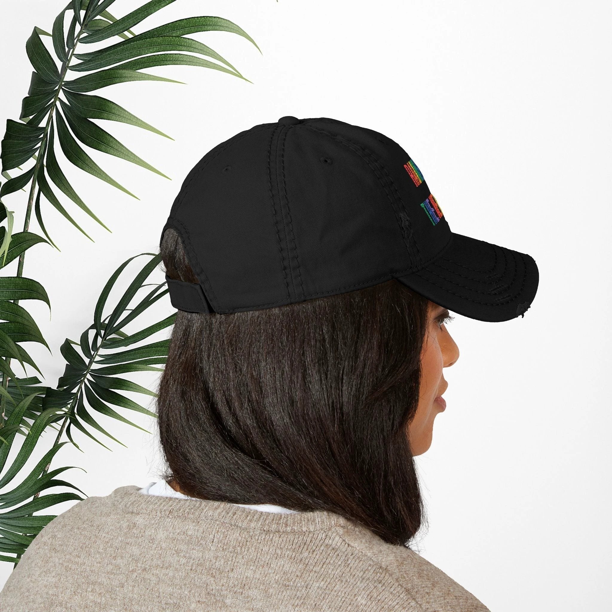 Bespattered Facade "Rainbow Is the New Black" Colorful Embroidered Distressed Dad Hat by Bespattered Facade