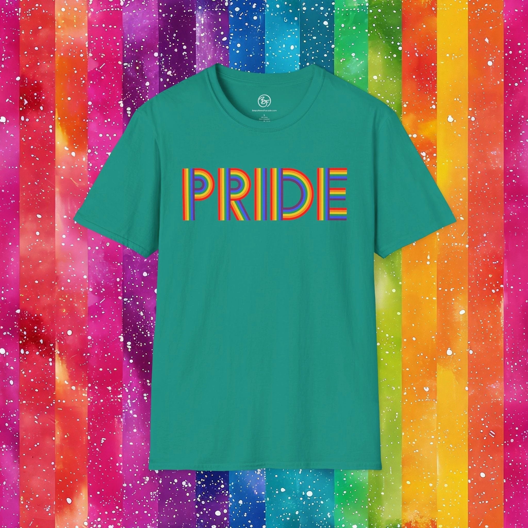 Bespattered Facade Rainbow Pride Ribbon Letters Unisex Softstyle T-Shirt by Bespattered Facade