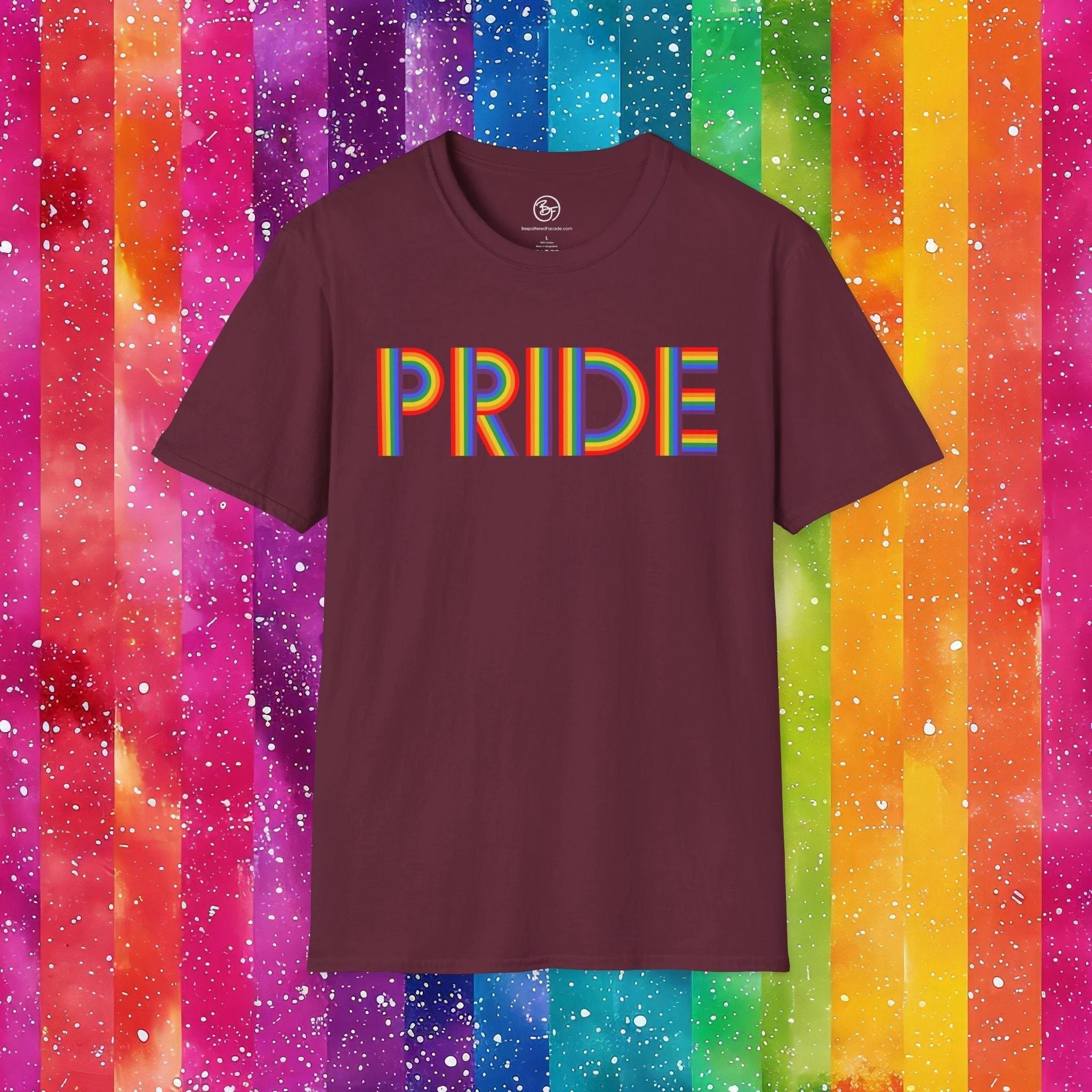 Bespattered Facade Rainbow Pride Ribbon Letters Unisex Softstyle T-Shirt by Bespattered Facade