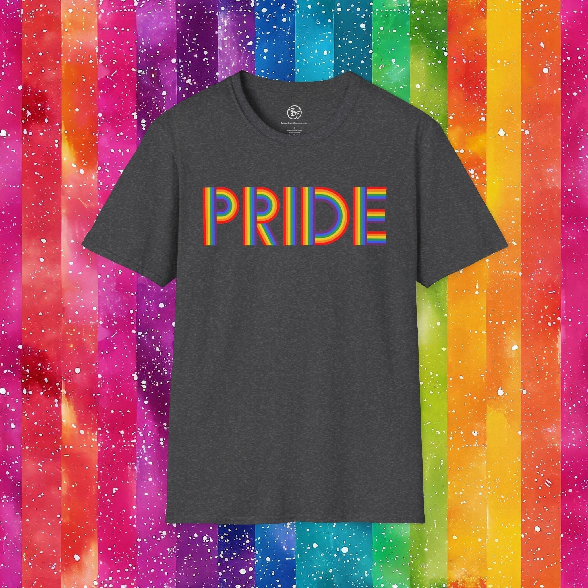 Bespattered Facade Rainbow Pride Ribbon Letters Unisex Softstyle T-Shirt by Bespattered Facade