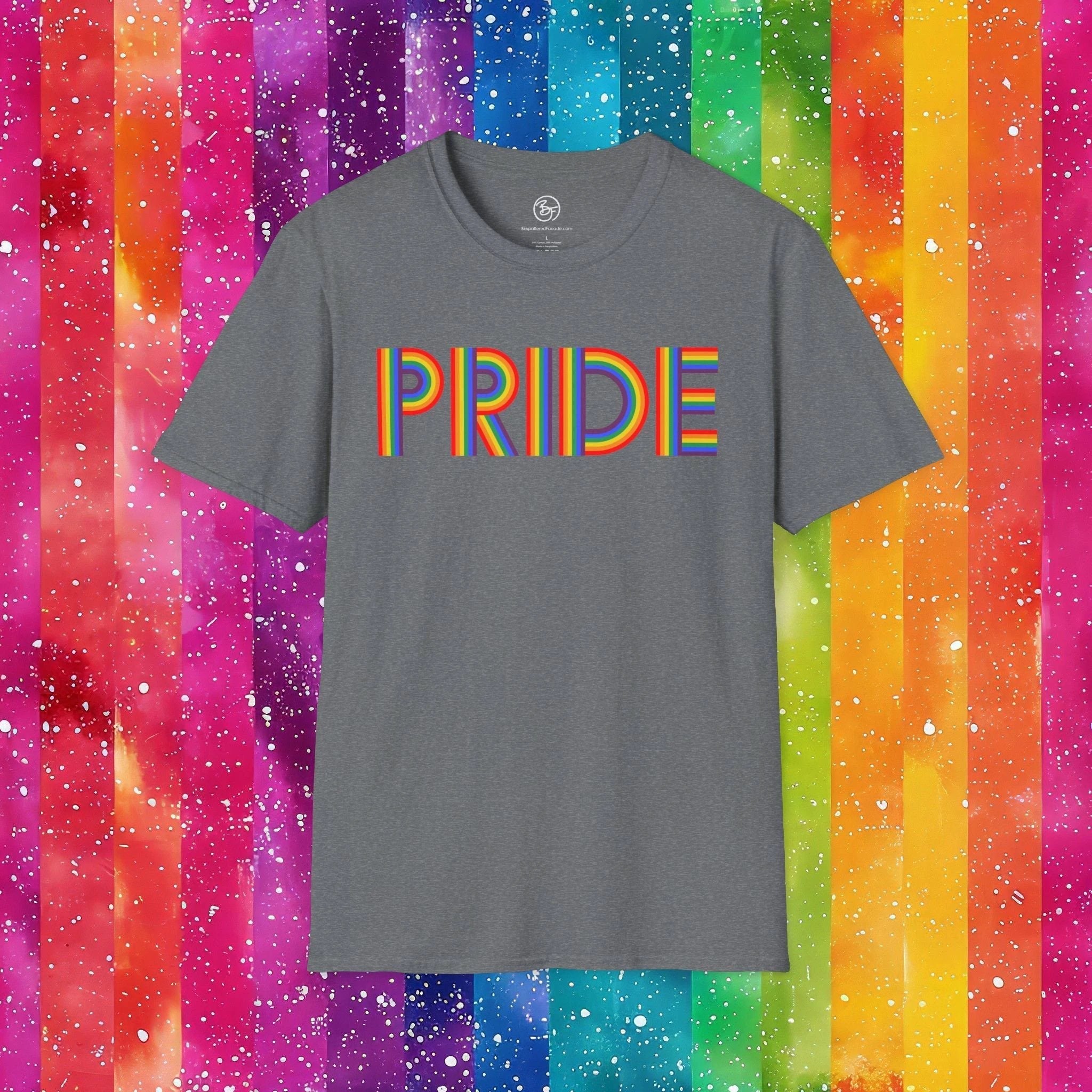 Bespattered Facade Rainbow Pride Ribbon Letters Unisex Softstyle T-Shirt by Bespattered Facade