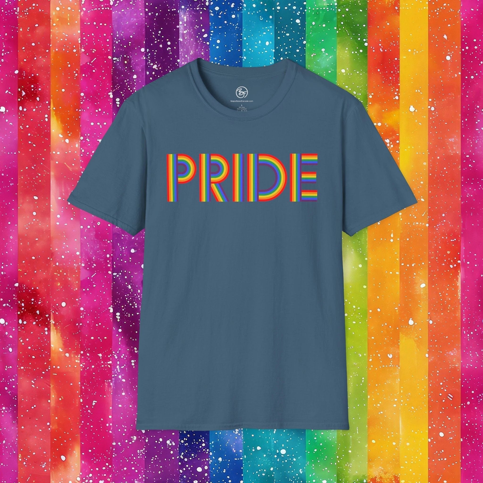 Bespattered Facade Rainbow Pride Ribbon Letters Unisex Softstyle T-Shirt by Bespattered Facade