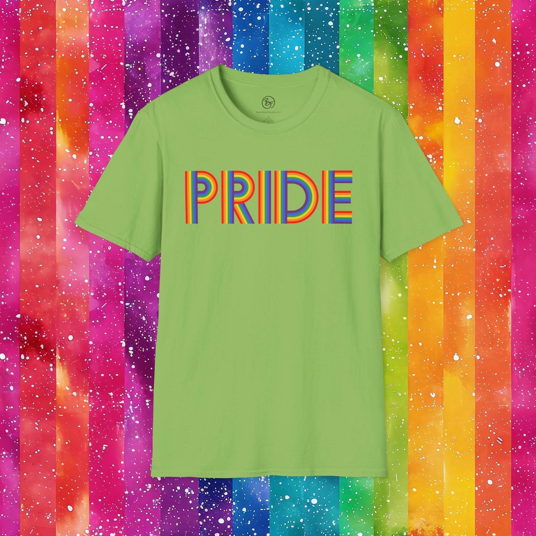 Bespattered Facade Rainbow Pride Ribbon Letters Unisex Softstyle T-Shirt by Bespattered Facade