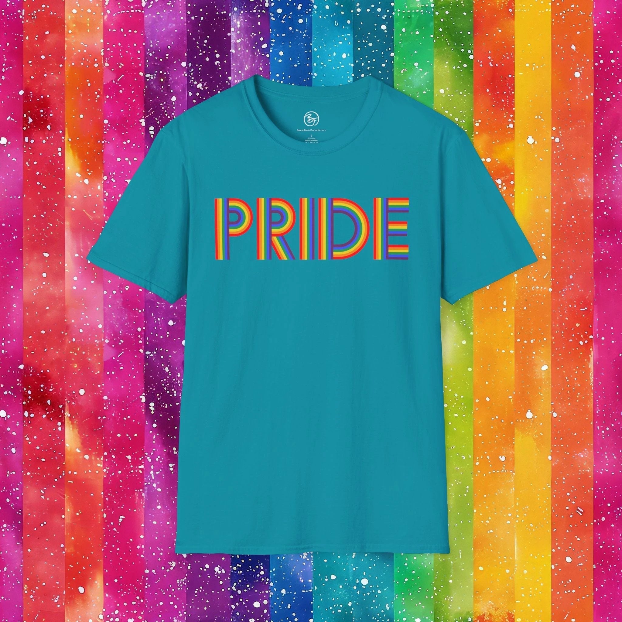 Bespattered Facade Rainbow Pride Ribbon Letters Unisex Softstyle T-Shirt by Bespattered Facade