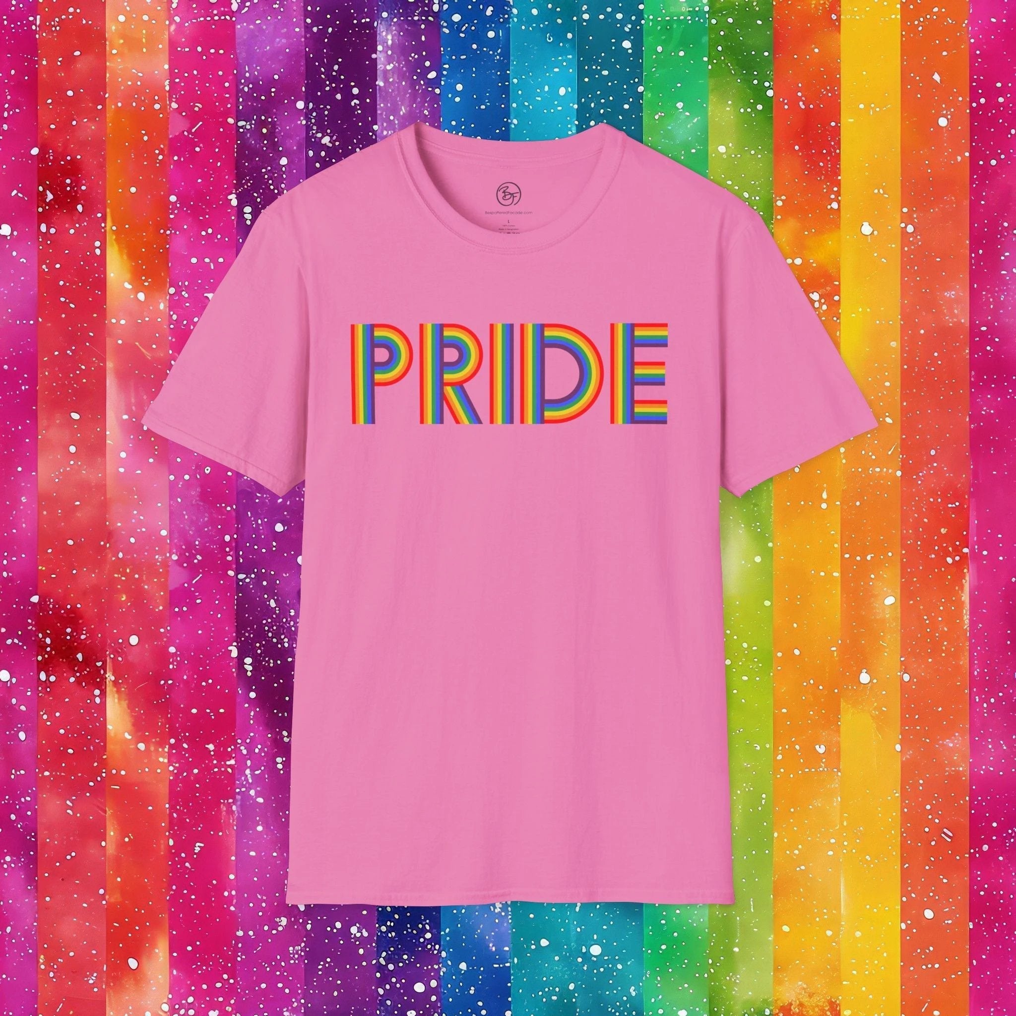 Bespattered Facade Rainbow Pride Ribbon Letters Unisex Softstyle T-Shirt by Bespattered Facade