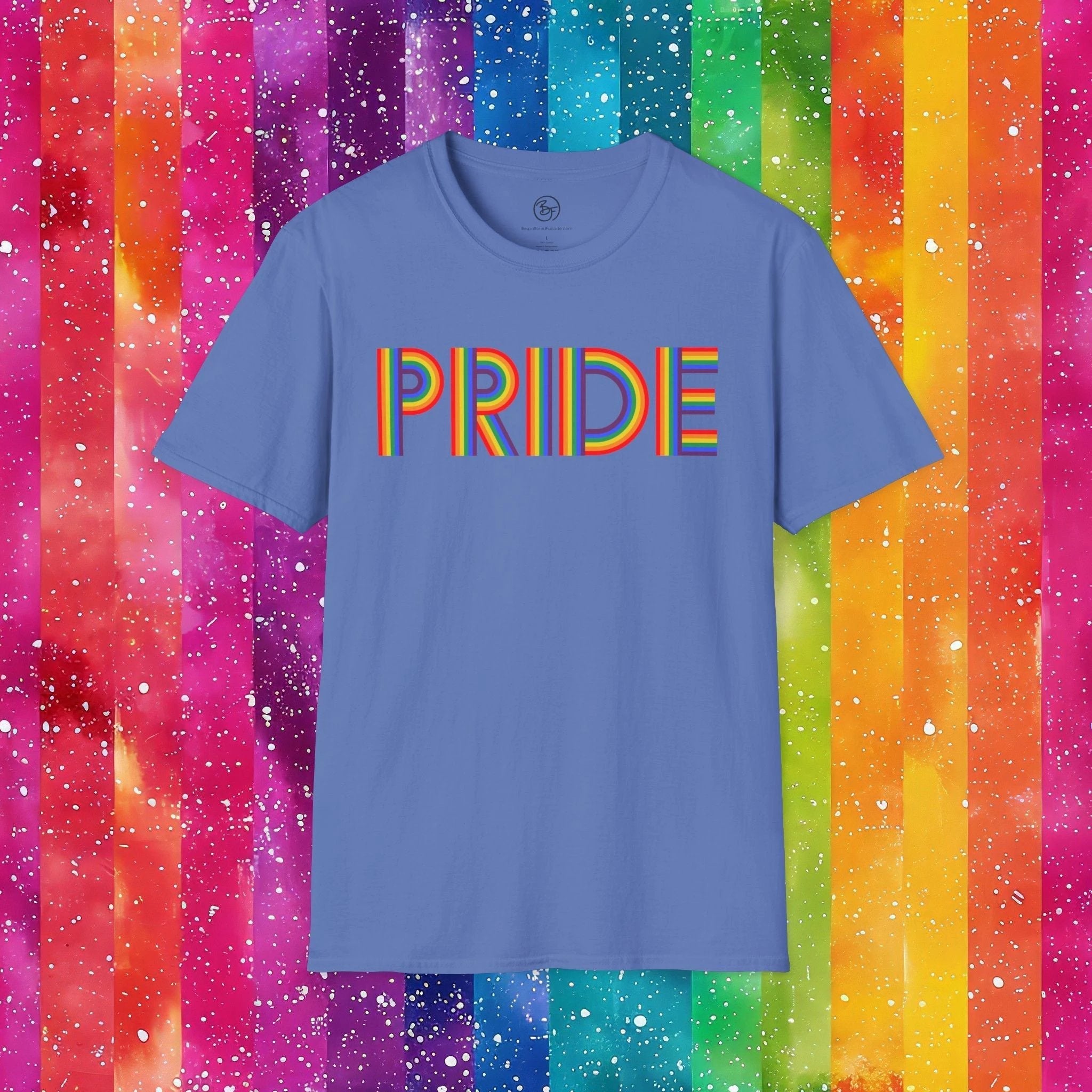 Bespattered Facade Rainbow Pride Ribbon Letters Unisex Softstyle T-Shirt by Bespattered Facade