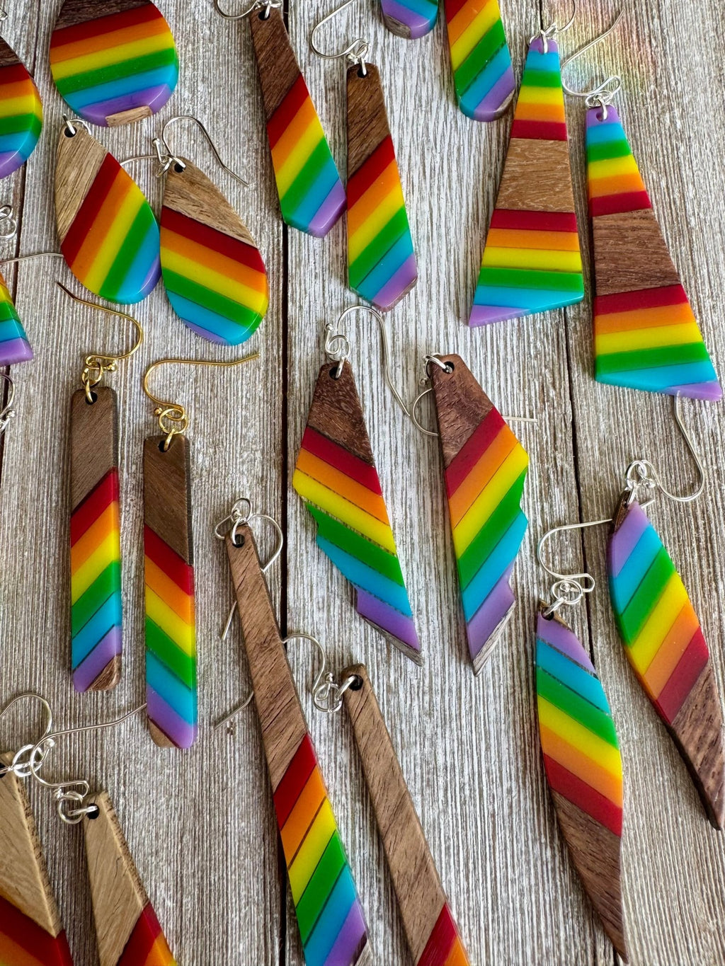 Bespattered Facade Rainbow Stripes Wood and Resin Dangly Earrings