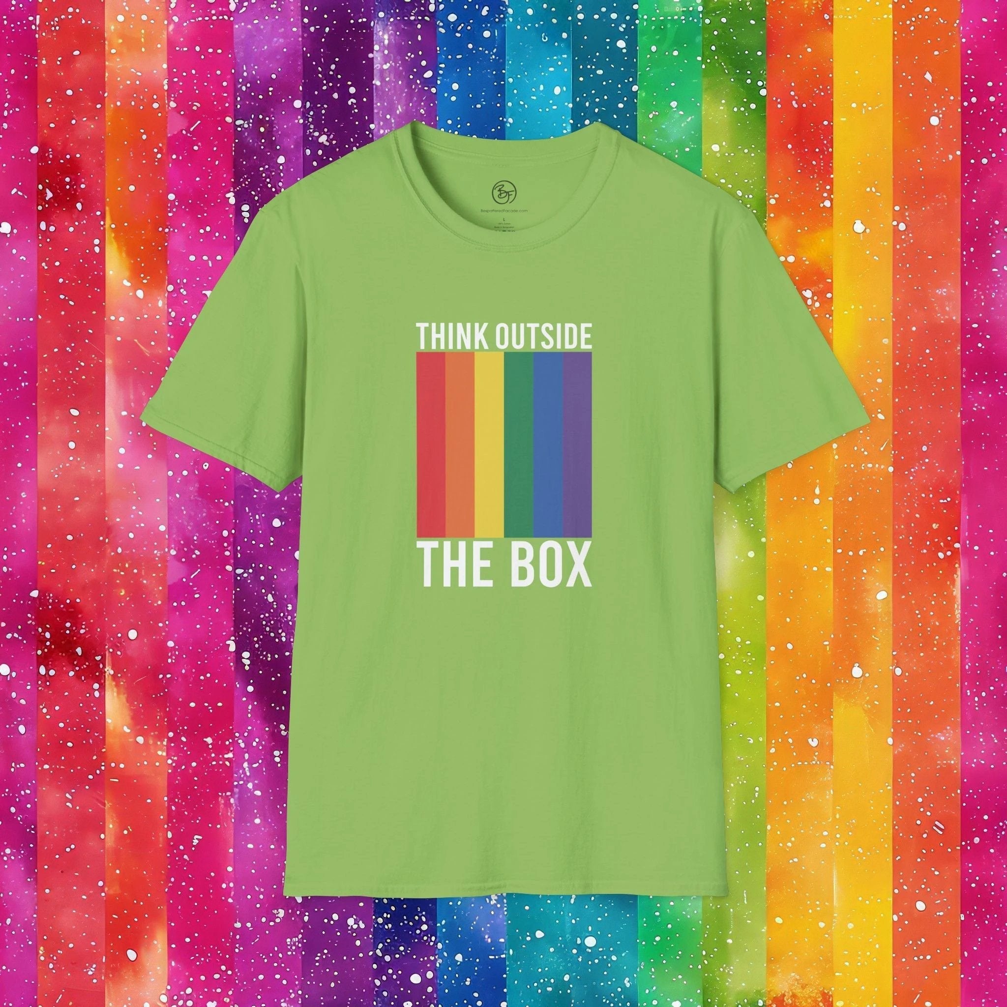 Bespattered Facade Rainbow Think Outside the Box Unisex Softstyle T-Shirt by Bespattered Facade