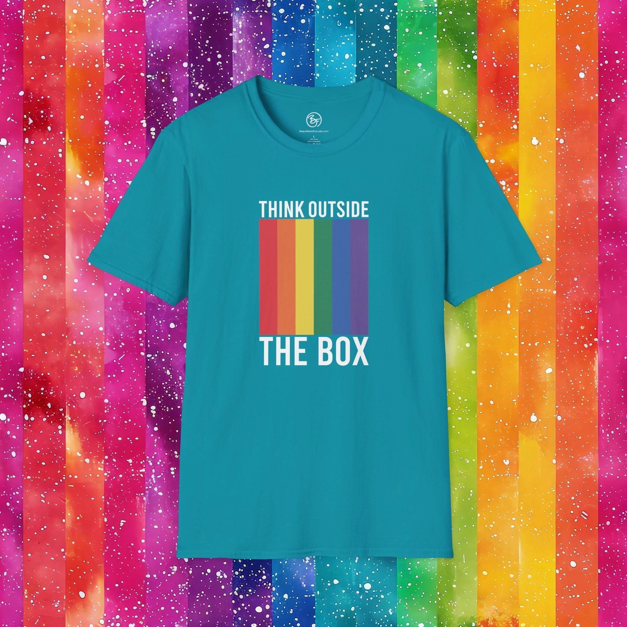 Bespattered Facade Rainbow Think Outside the Box Unisex Softstyle T-Shirt by Bespattered Facade