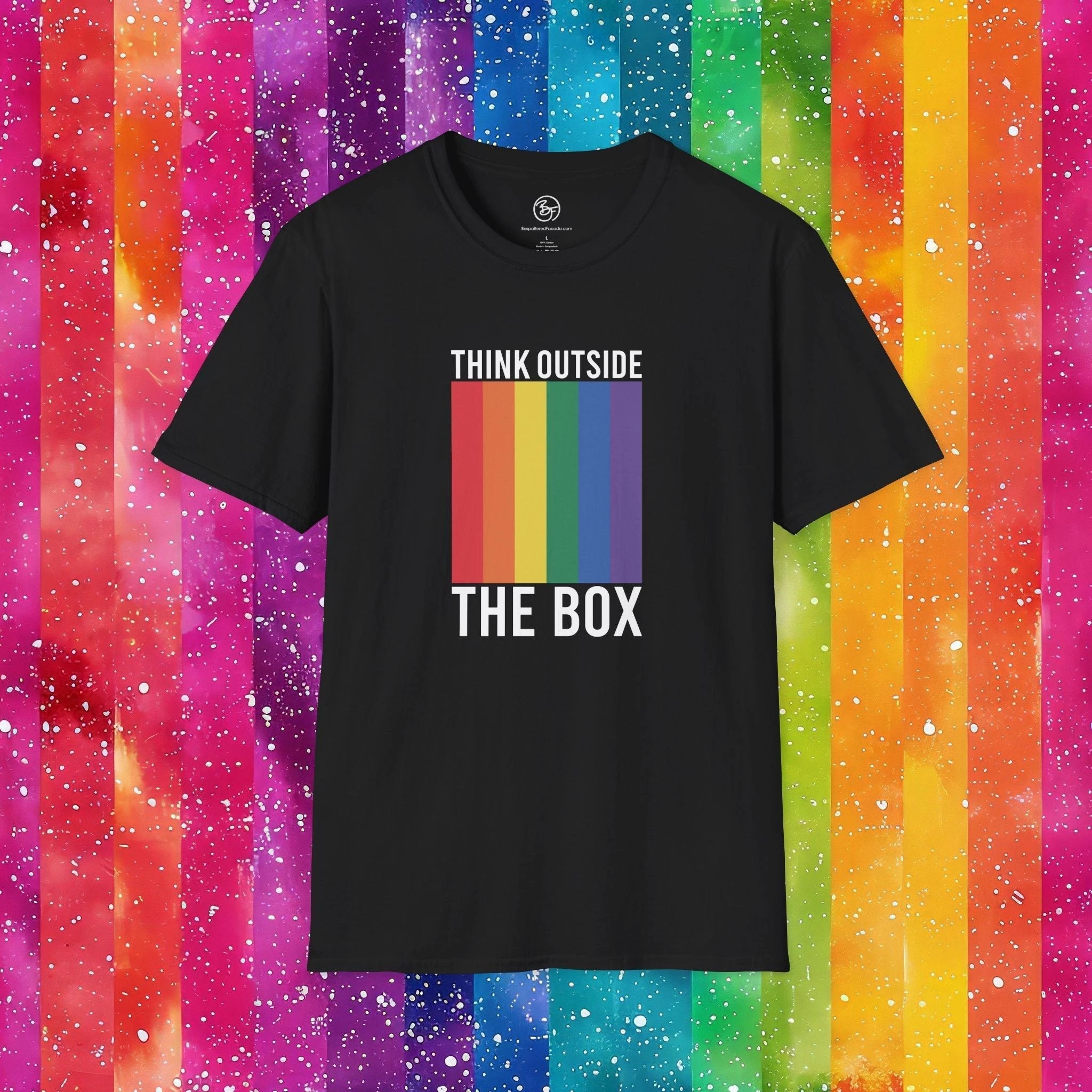 Bespattered Facade Rainbow Think Outside the Box Unisex Softstyle T-Shirt by Bespattered Facade