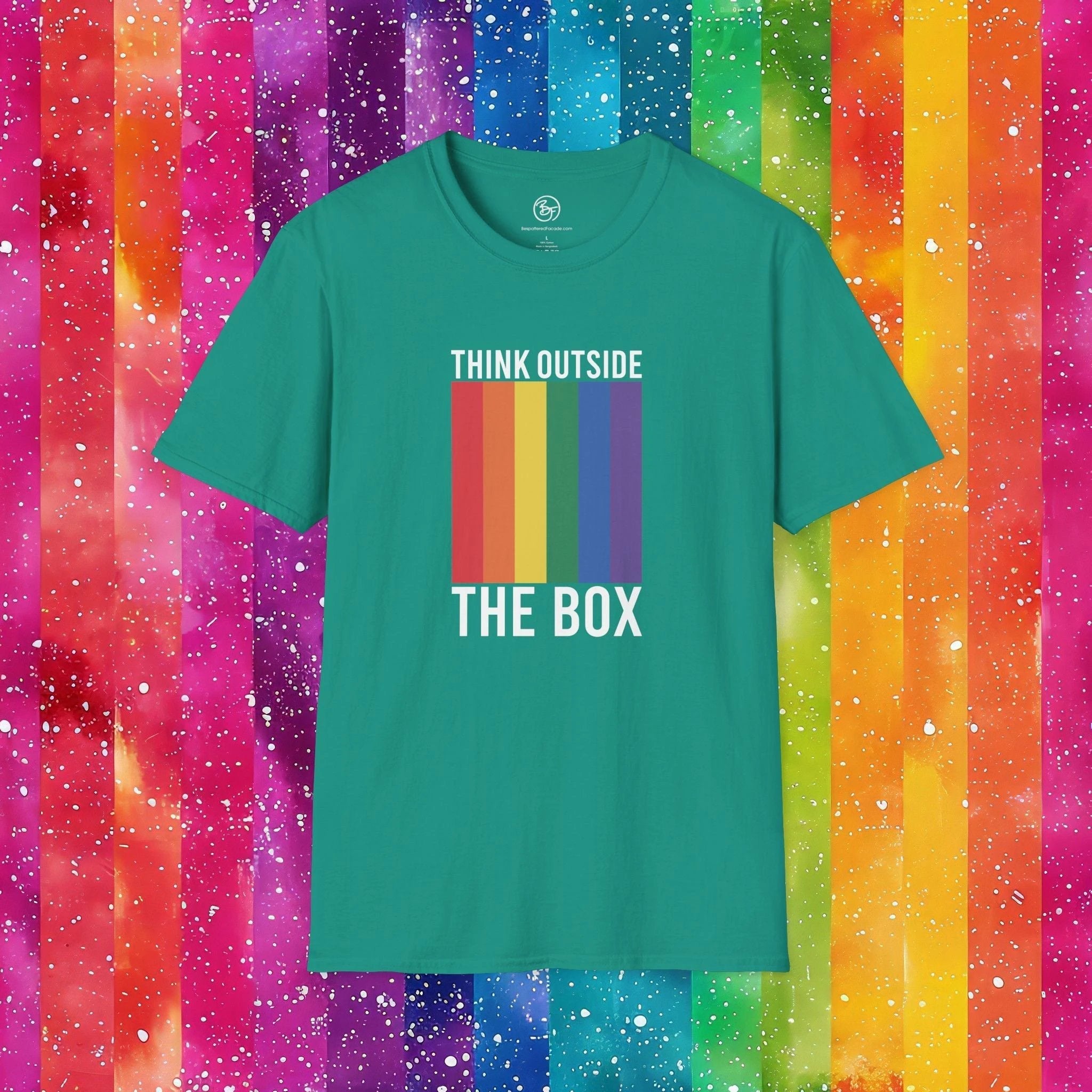 Bespattered Facade Rainbow Think Outside the Box Unisex Softstyle T-Shirt by Bespattered Facade