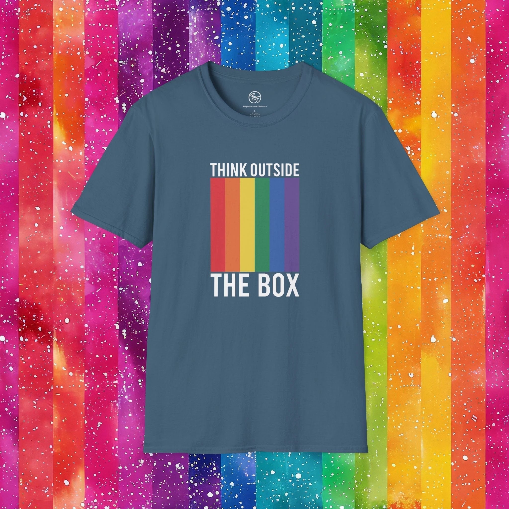 Bespattered Facade Rainbow Think Outside the Box Unisex Softstyle T-Shirt by Bespattered Facade