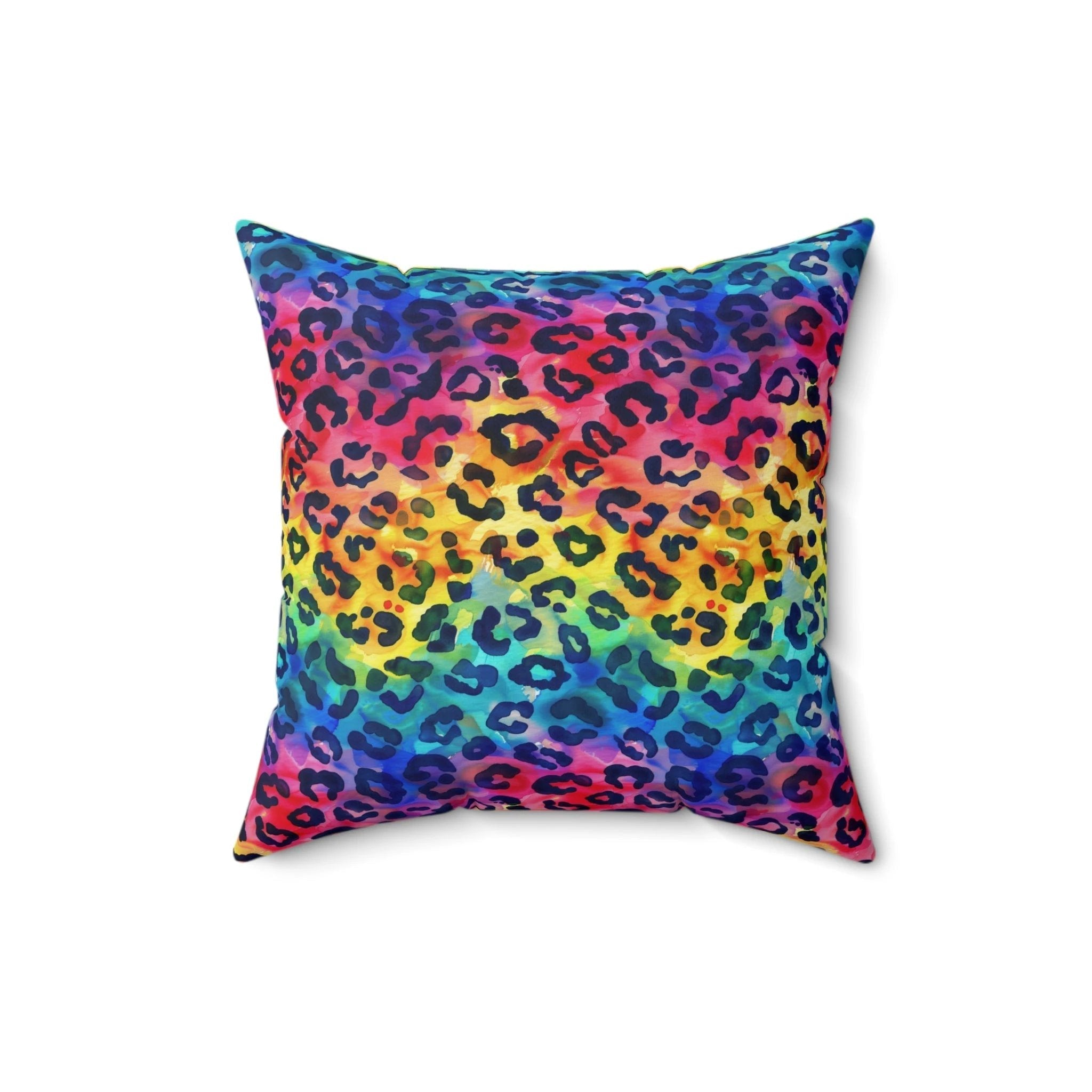 Bespattered Facade Rainbow Watercolor Leopard Faux Suede Square Throw Pillow | 4 Sizes by Bespattered Facade