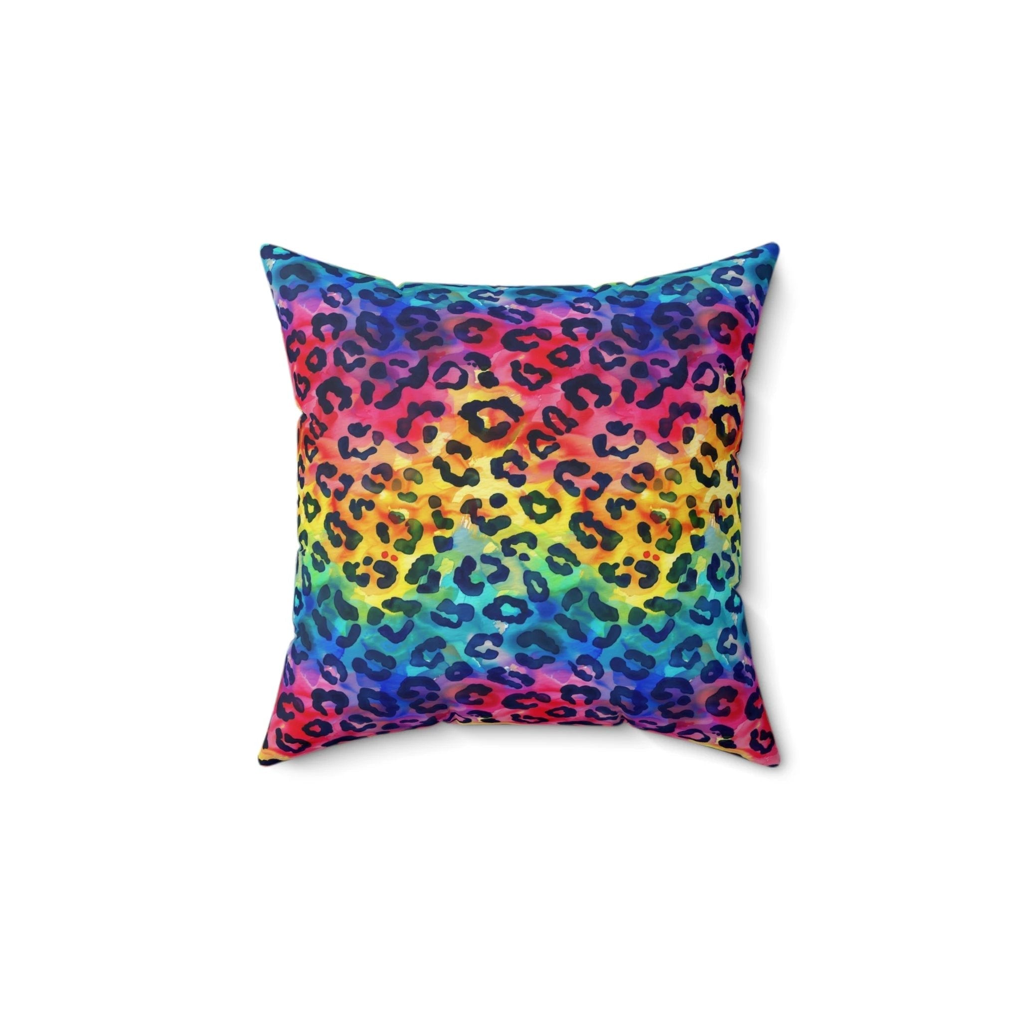 Bespattered Facade Rainbow Watercolor Leopard Faux Suede Square Throw Pillow | 4 Sizes by Bespattered Facade