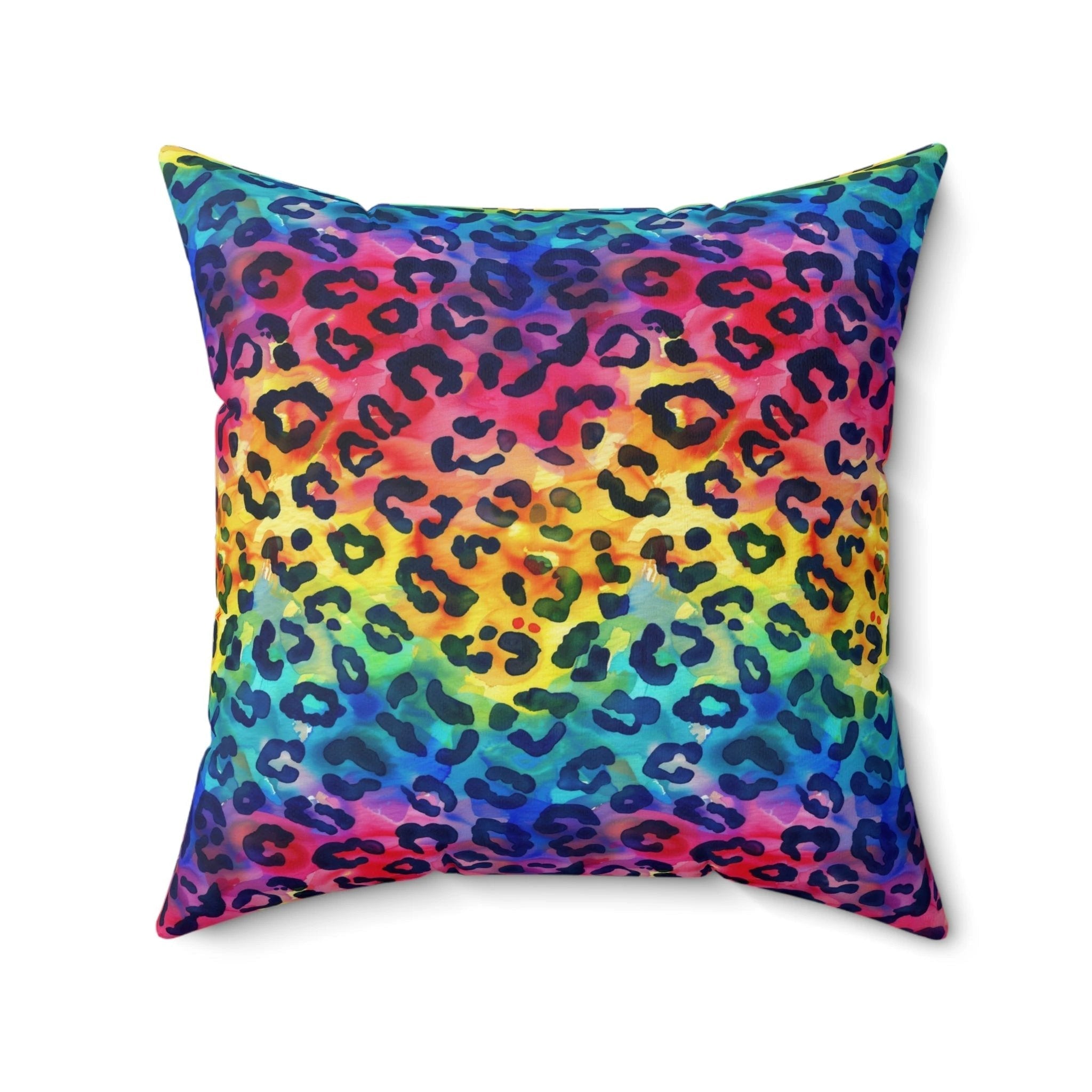 Bespattered Facade Rainbow Watercolor Leopard Faux Suede Square Throw Pillow | 4 Sizes by Bespattered Facade