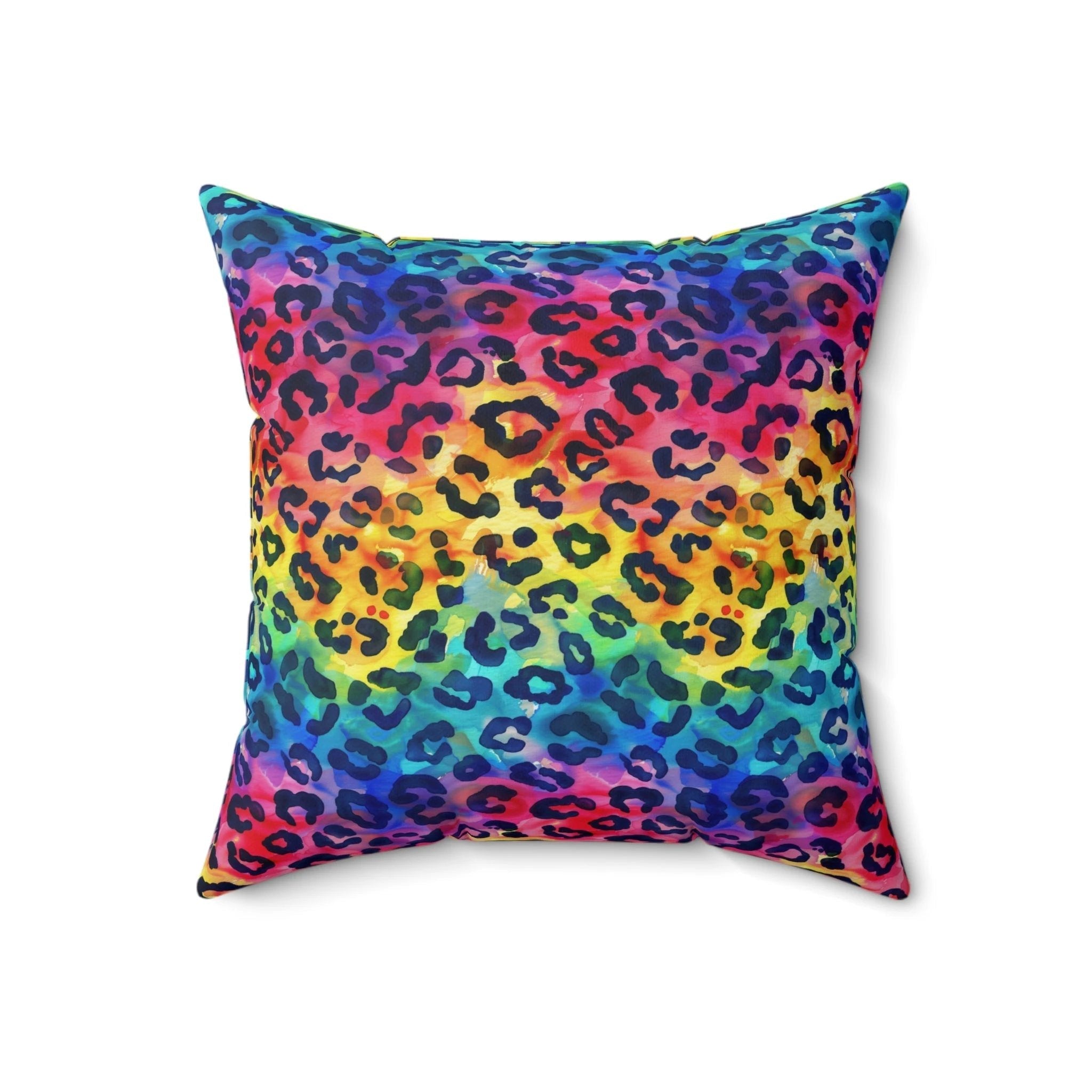 Bespattered Facade Rainbow Watercolor Leopard Faux Suede Square Throw Pillow | 4 Sizes by Bespattered Facade