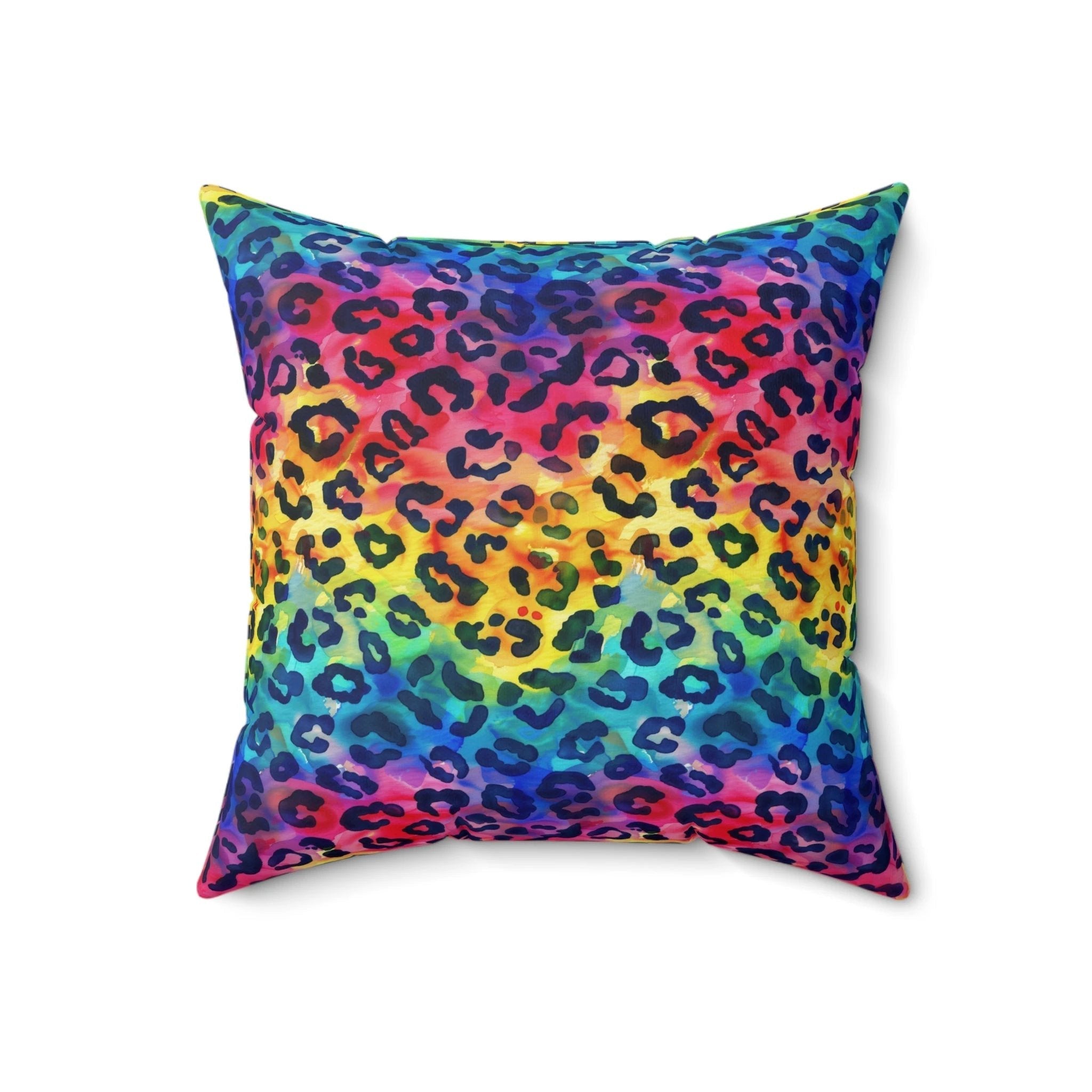 Bespattered Facade Rainbow Watercolor Leopard Faux Suede Square Throw Pillow | 4 Sizes by Bespattered Facade