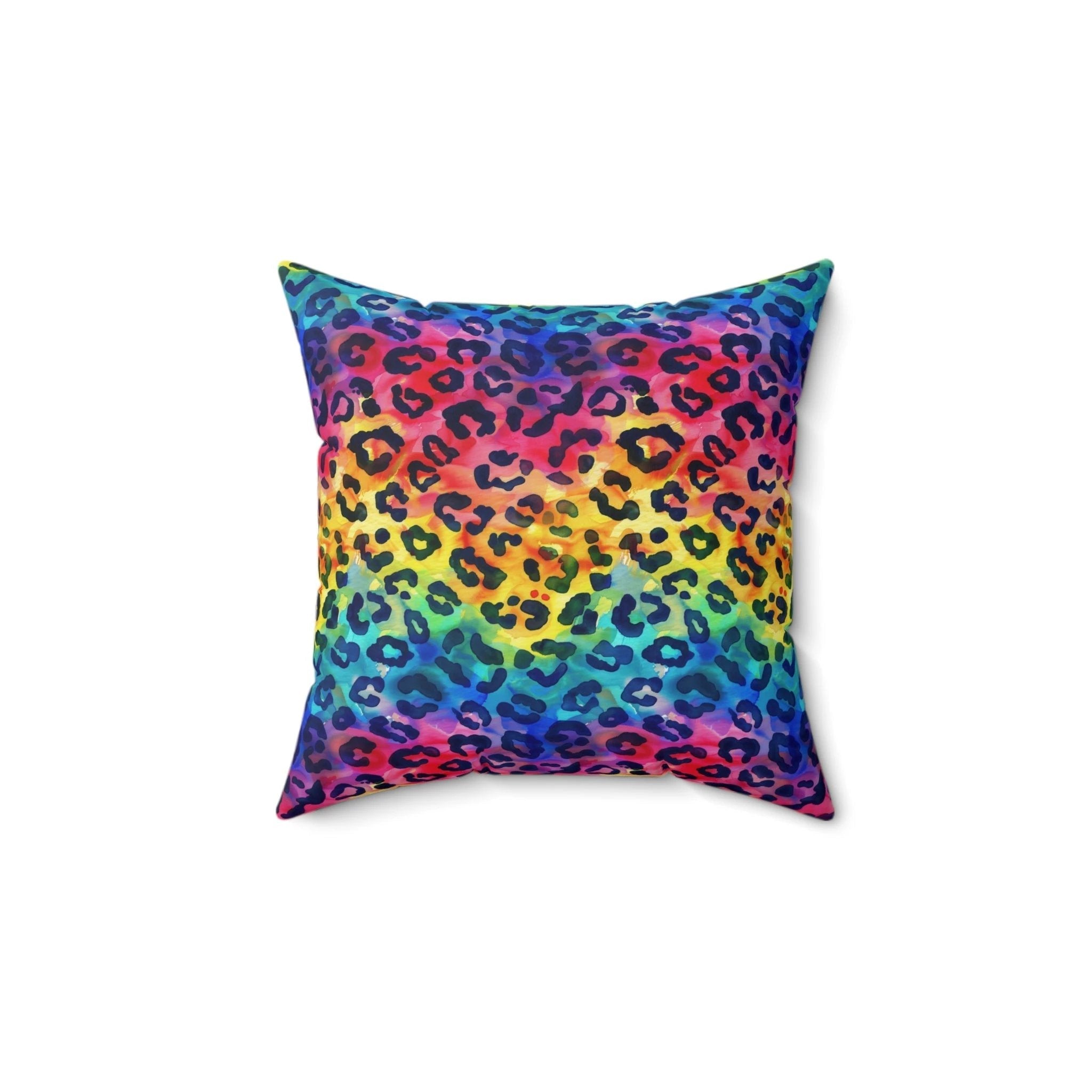 Bespattered Facade Rainbow Watercolor Leopard Faux Suede Square Throw Pillow | 4 Sizes by Bespattered Facade