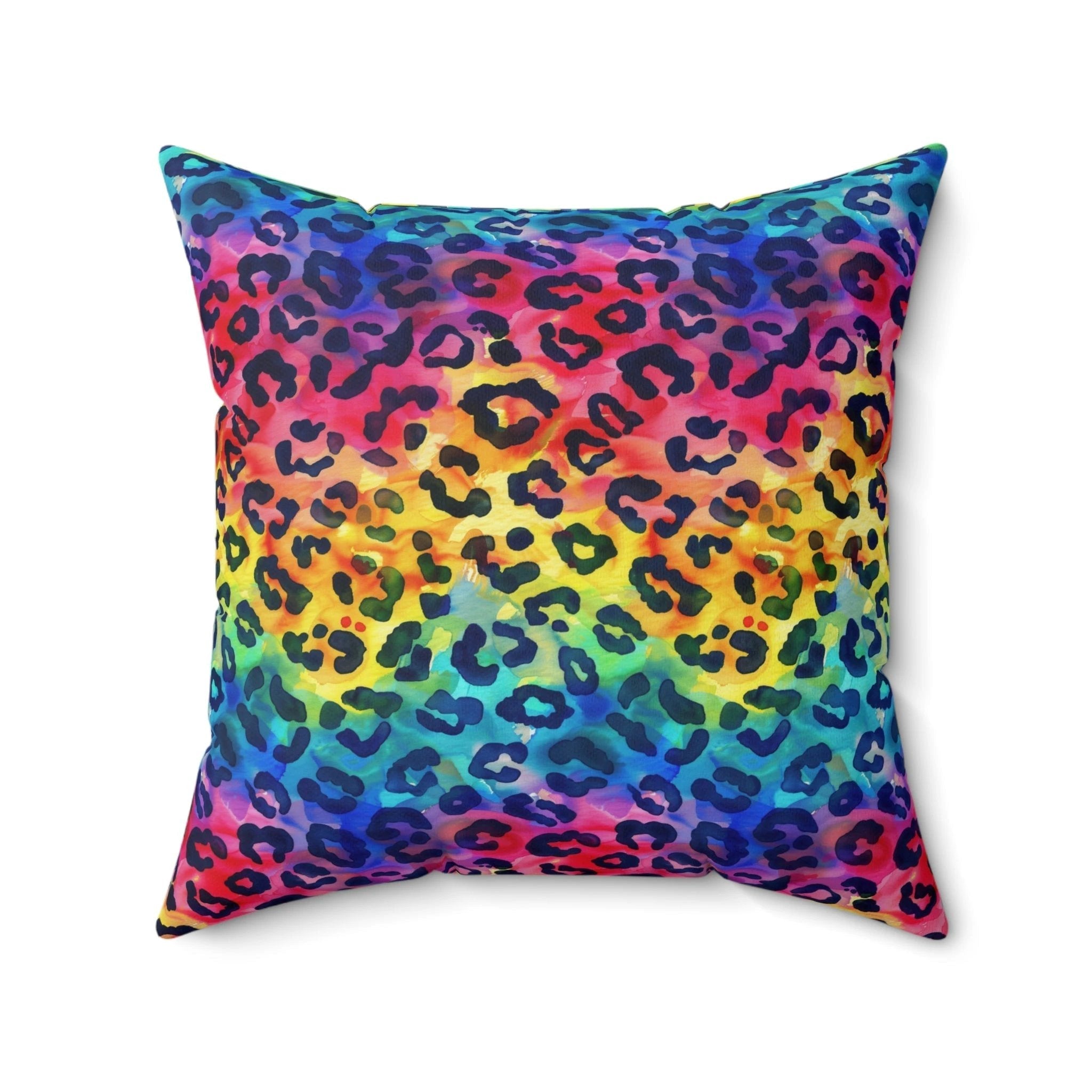 Bespattered Facade Rainbow Watercolor Leopard Faux Suede Square Throw Pillow | 4 Sizes by Bespattered Facade