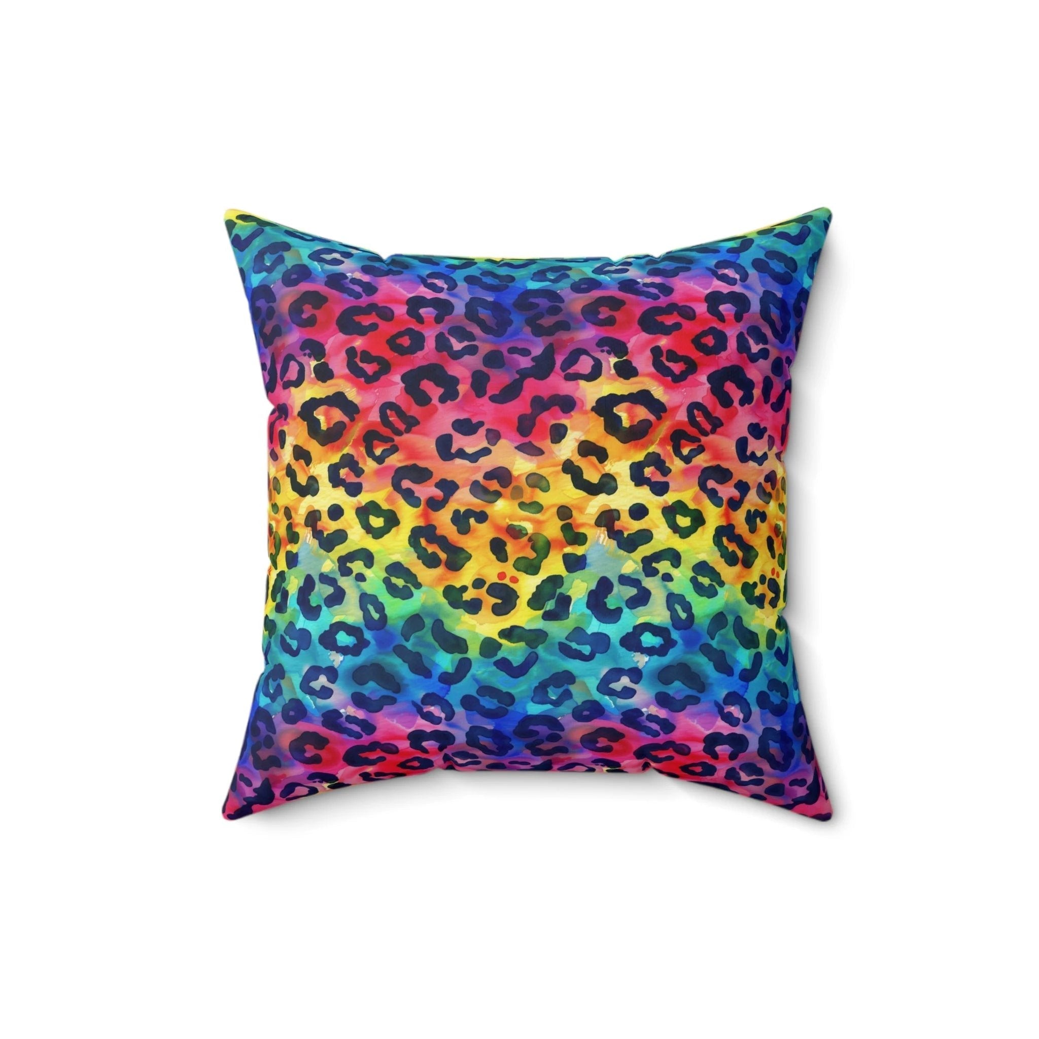 Bespattered Facade Rainbow Watercolor Leopard Faux Suede Square Throw Pillow | 4 Sizes by Bespattered Facade