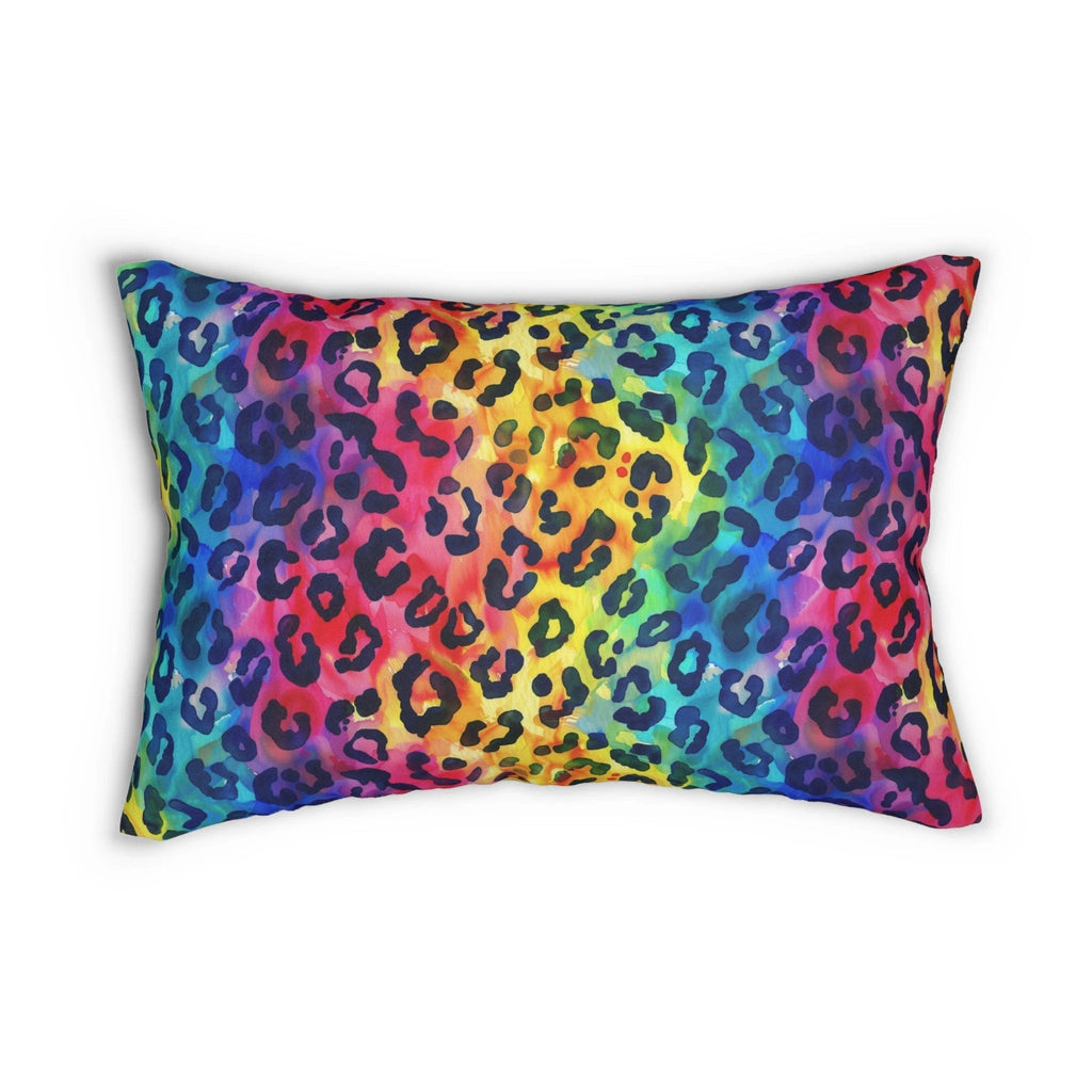Bespattered Facade Rainbow Watercolor Leopard Lumbar Throw Pillow by Bespattered Facade