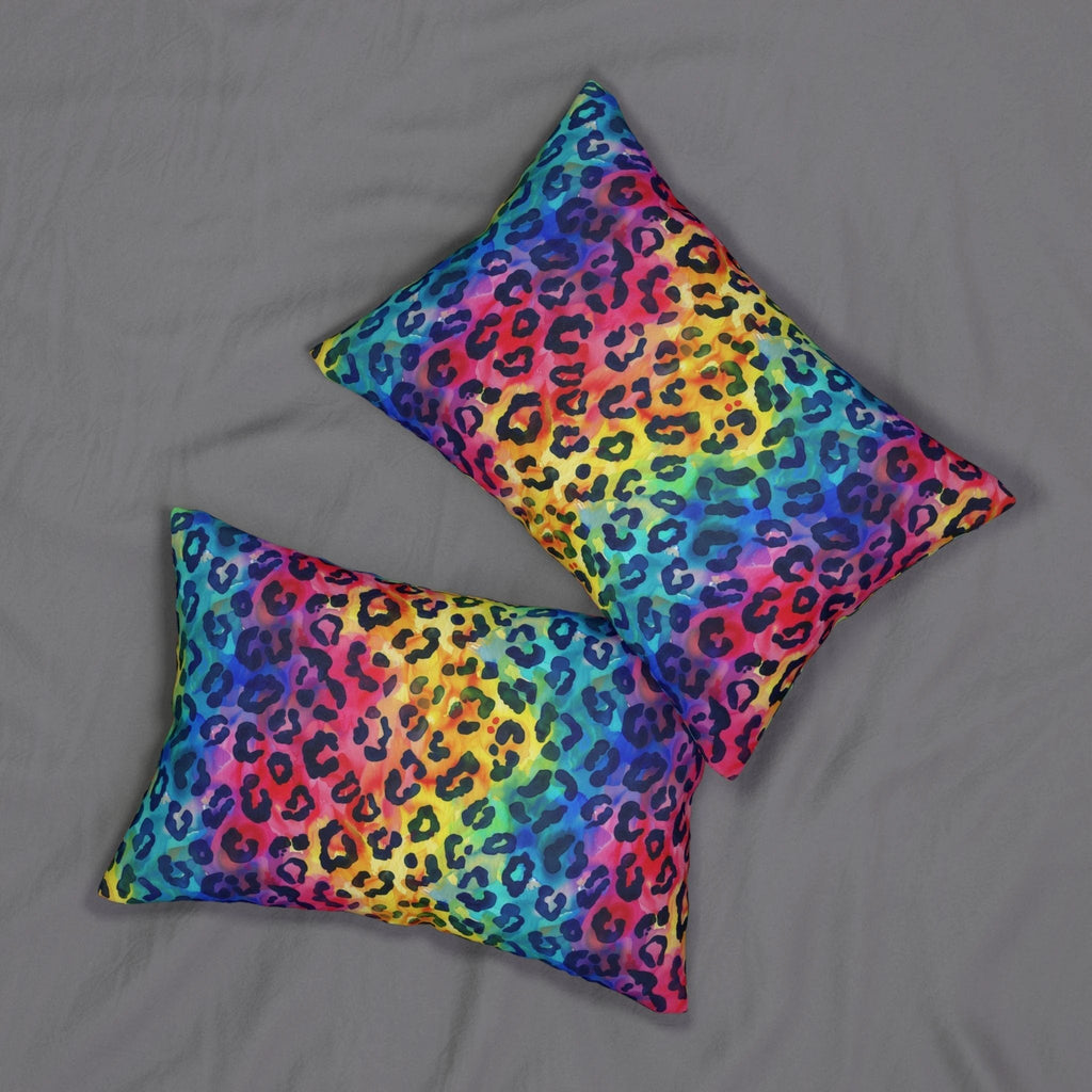 Bespattered Facade Rainbow Watercolor Leopard Lumbar Throw Pillow by Bespattered Facade