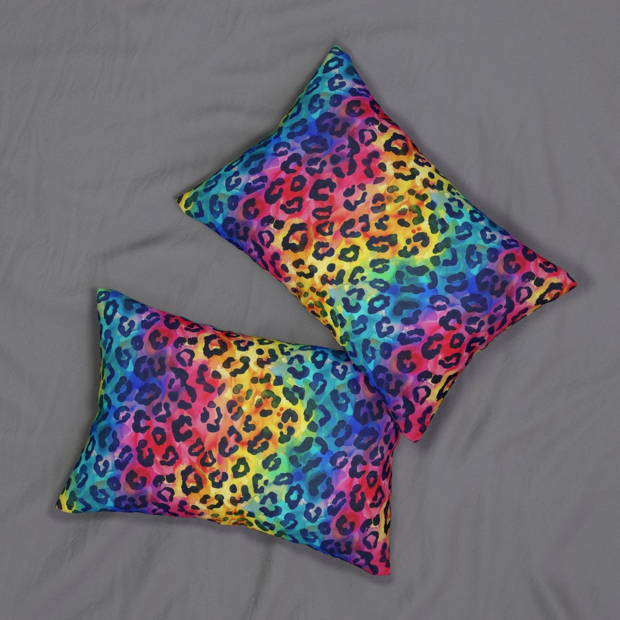 Bespattered Facade Rainbow Watercolor Leopard Lumbar Throw Pillow by Bespattered Facade