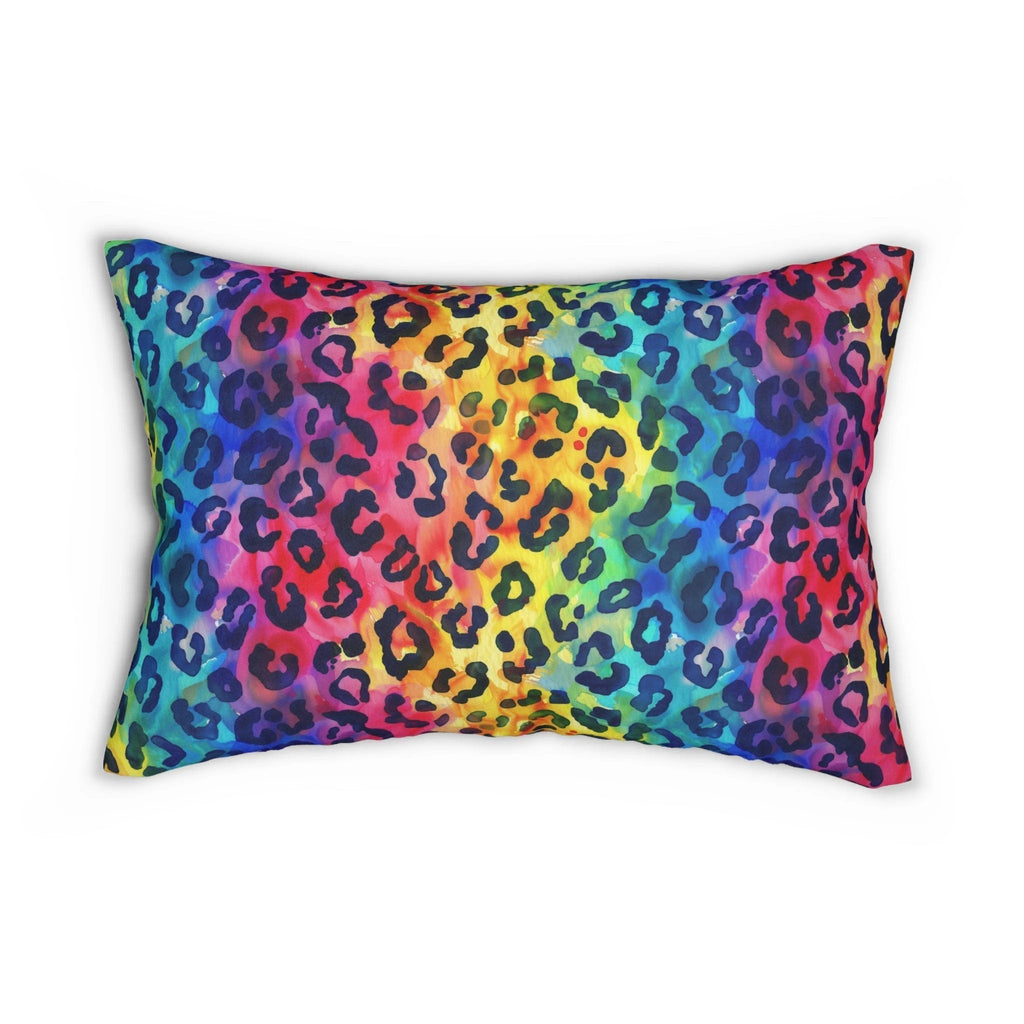 Bespattered Facade Rainbow Watercolor Leopard Lumbar Throw Pillow by Bespattered Facade