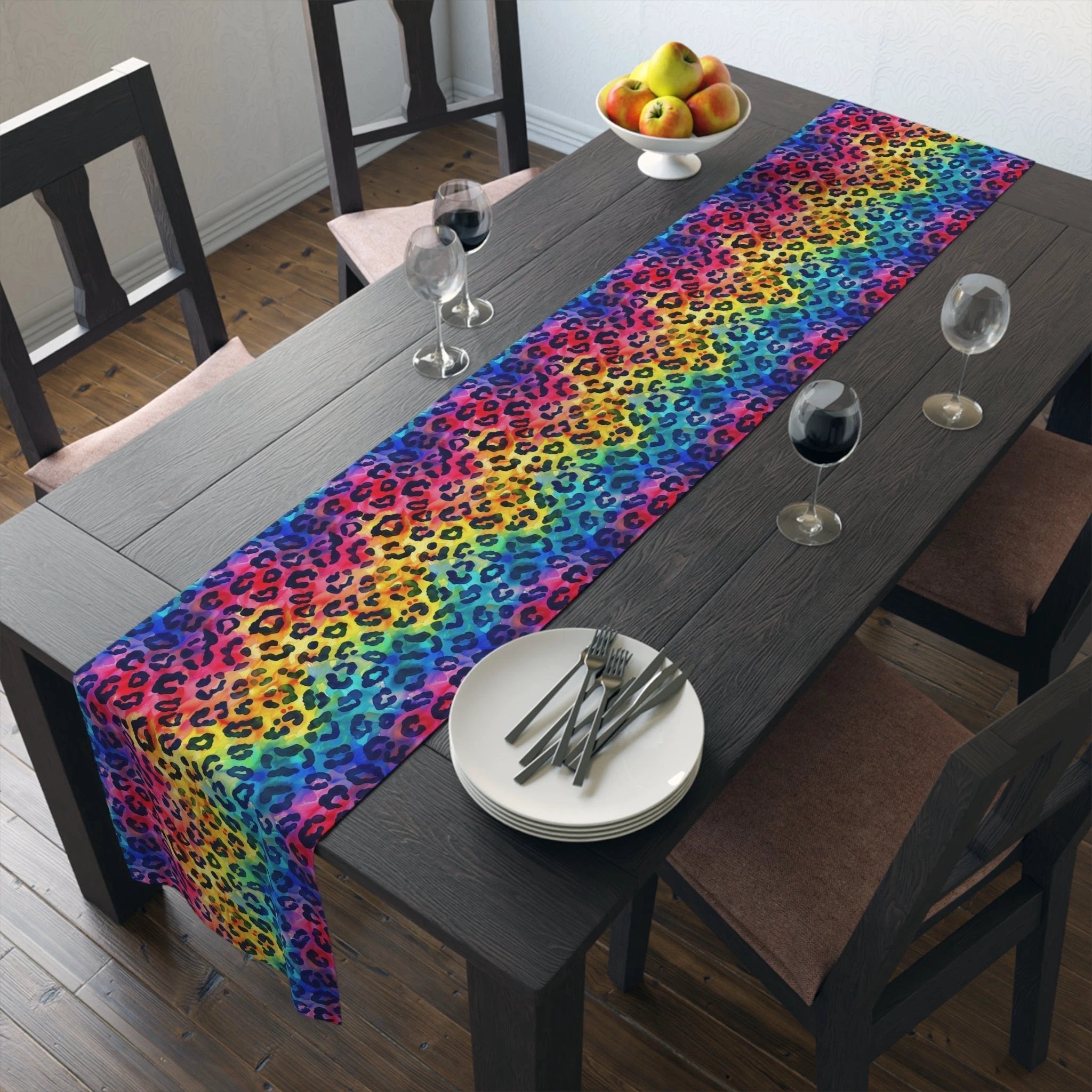 Bespattered Facade Rainbow Watercolor Leopard Table Runner (2 sizes) by Bespattered Facade