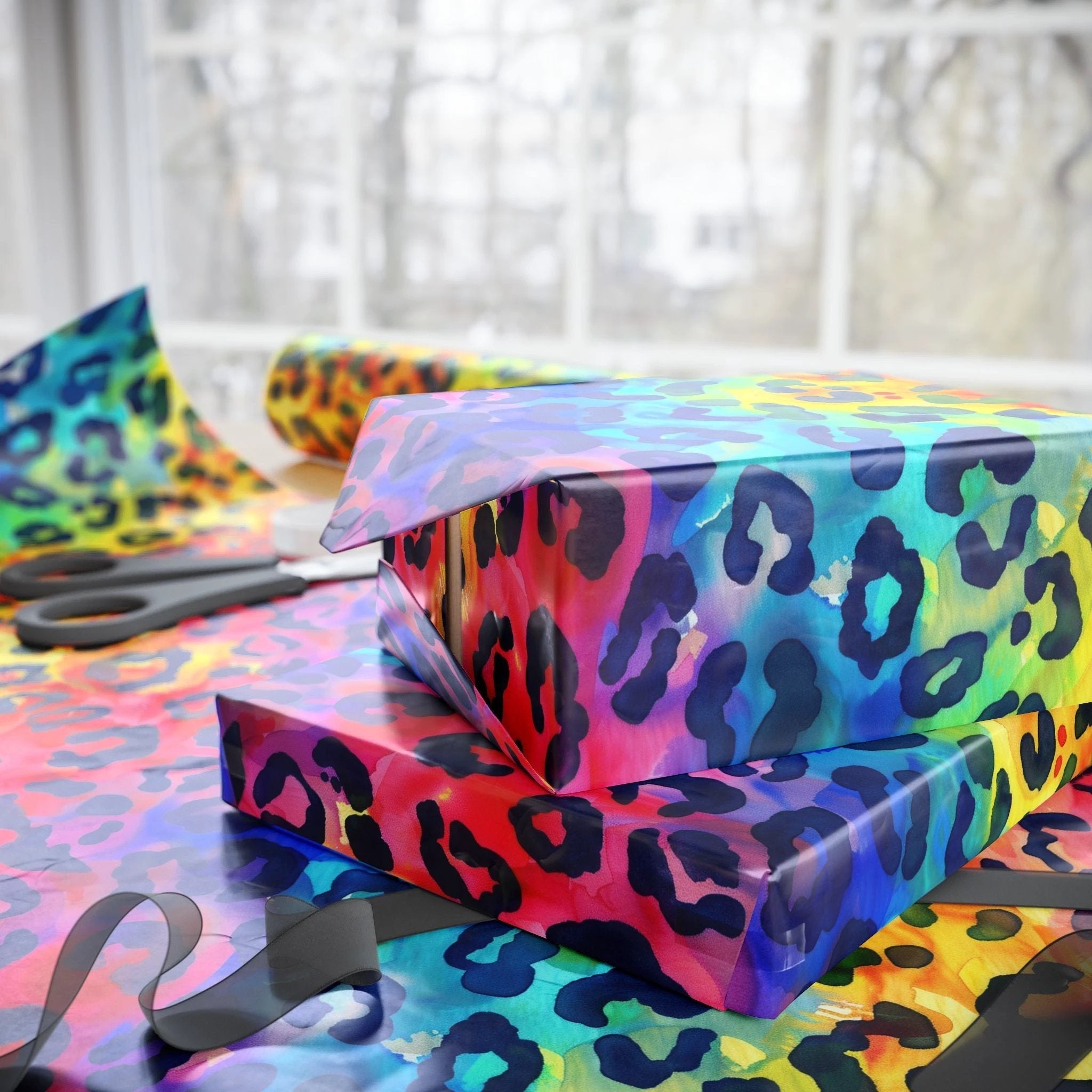 Bespattered Facade Rainbow Watercolor Leopard Wrapping Paper | Three Sizes | Glossy or Matte by Bespattered Facade