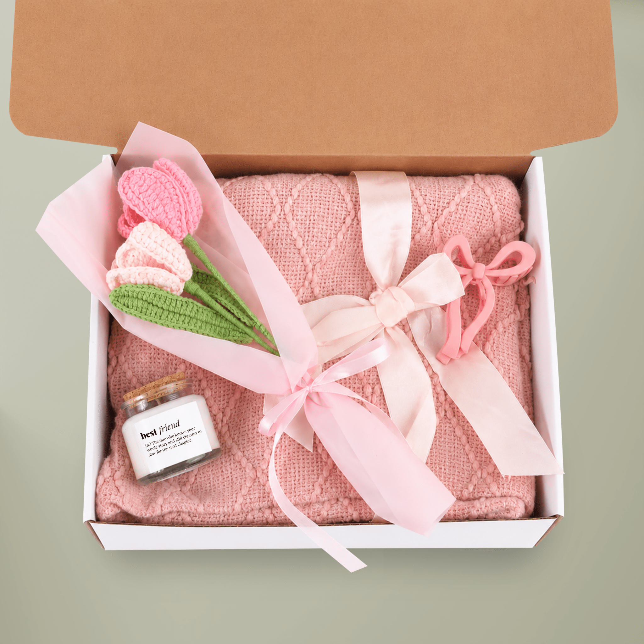 Best Friend Gift Set — Blush & Bloom White sage & lavender Candle, Blanket, Crochet Bouquet & Bow Clip Home Decor La Vie Bien Best Friend Gift Set — Blush & Bloom White sage & lavender Candle, Blanket, Crochet Bouquet & Bow Clip
