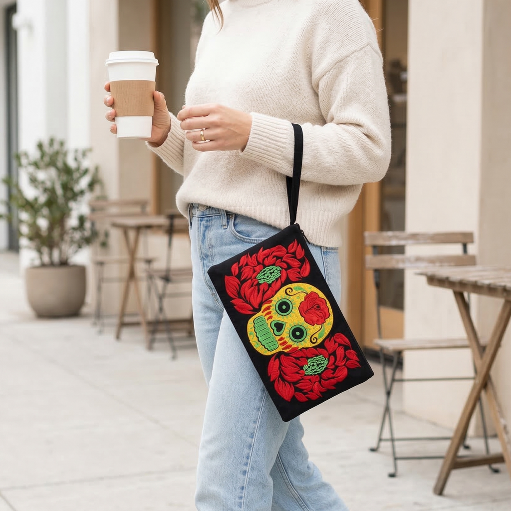 Culturas Embroidered Sugar Skull Wristlet - Thailand